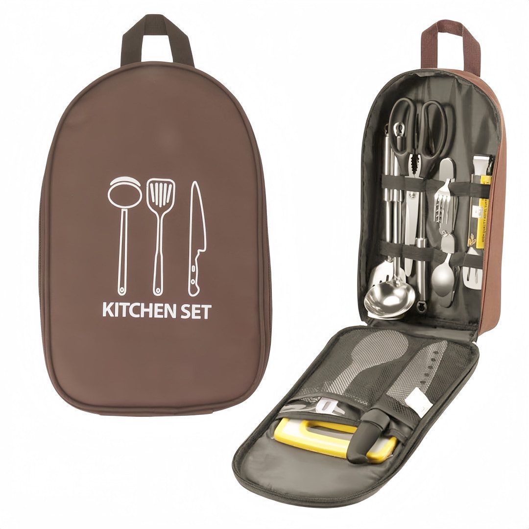 FOUORTUNATE-BEE Aufbewahrungstasche Integrierte Camping-Bestecktasche mit Doppelreißverschluss, Tragbares Outdoor-Kochgeschirr-Organizer mit Netzfächern