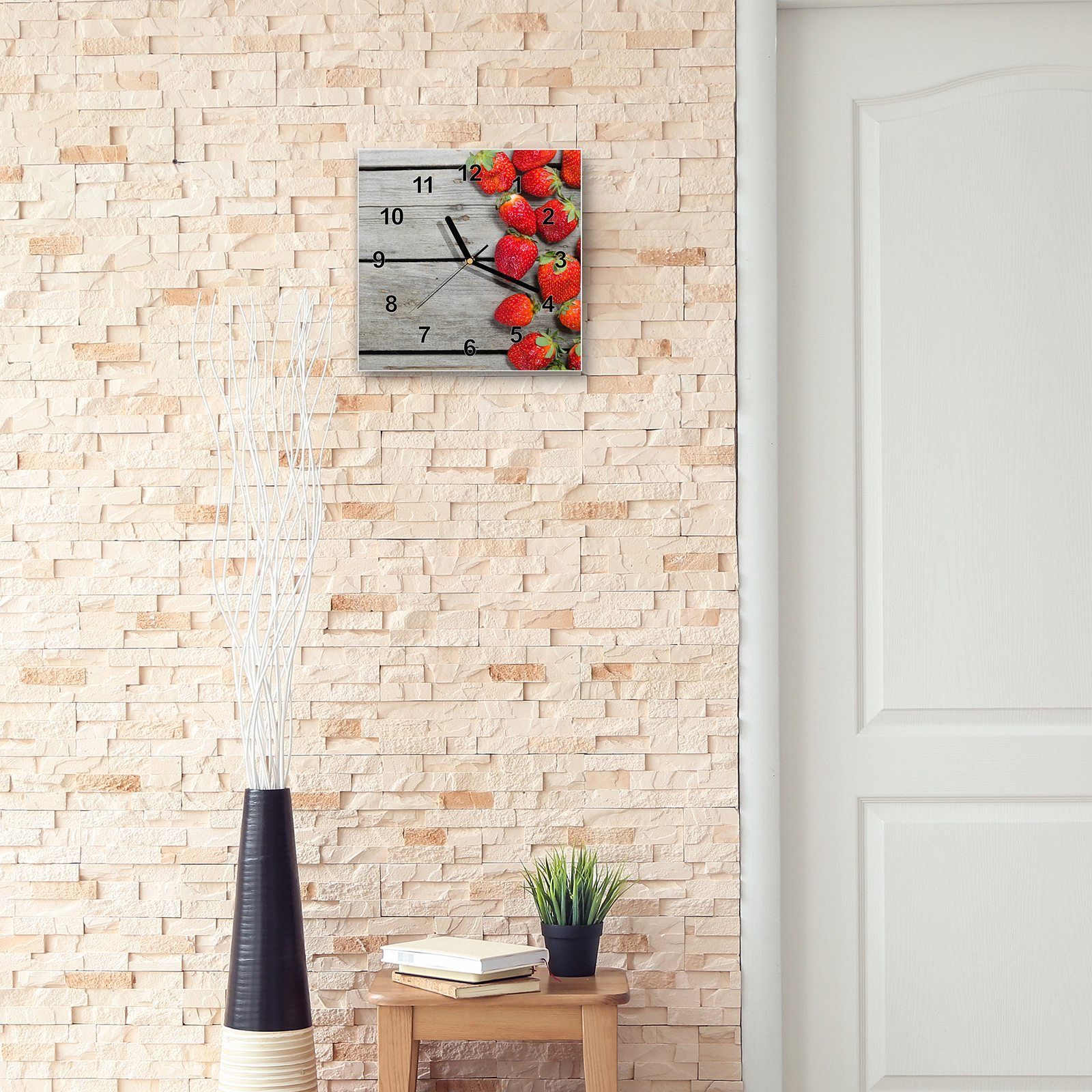 Motiv 30 Erdbeeren Holz Glasuhr auf mit 30 x Wanduhr Größe cm Wandkunst Primedeco Wanduhr