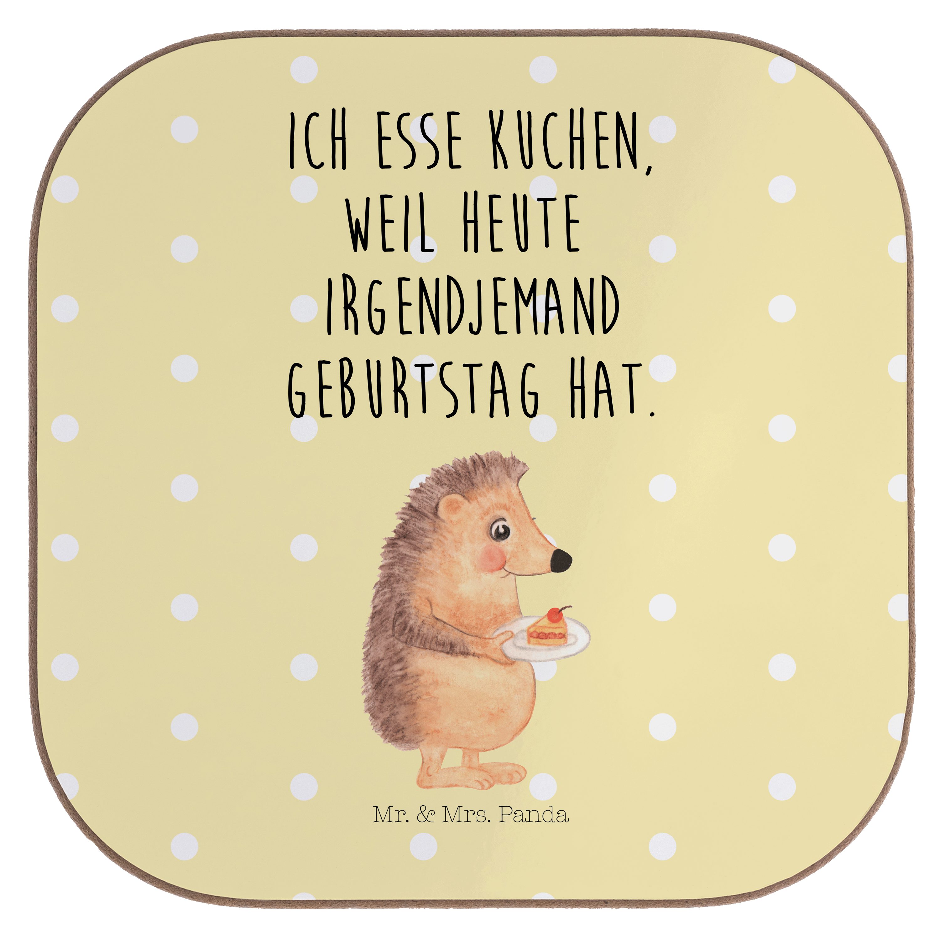 Mr. & Mrs. Panda Getränkeuntersetzer Igel mit Kuchenstück - Gelb Pastell - Geschenk, lustige Sprüche, Bier, 1-tlg.