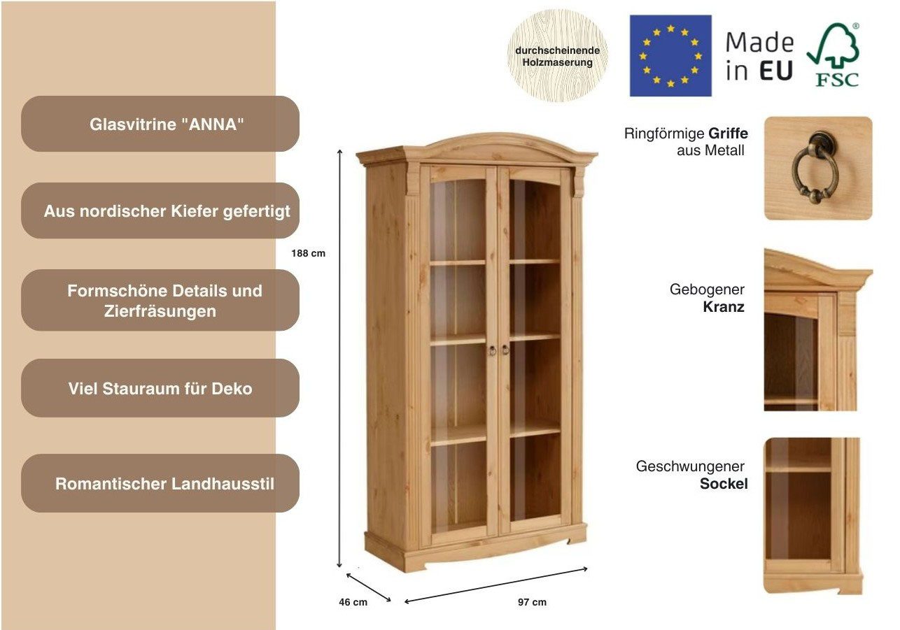 OTTO home Vitrine Anna (Gesamtmaße (B/T/H): ca. 97/46/188 cm) mit Glastüren, Höhe 188 cm, Massivholz, mit Zierfräsungen, FSC®