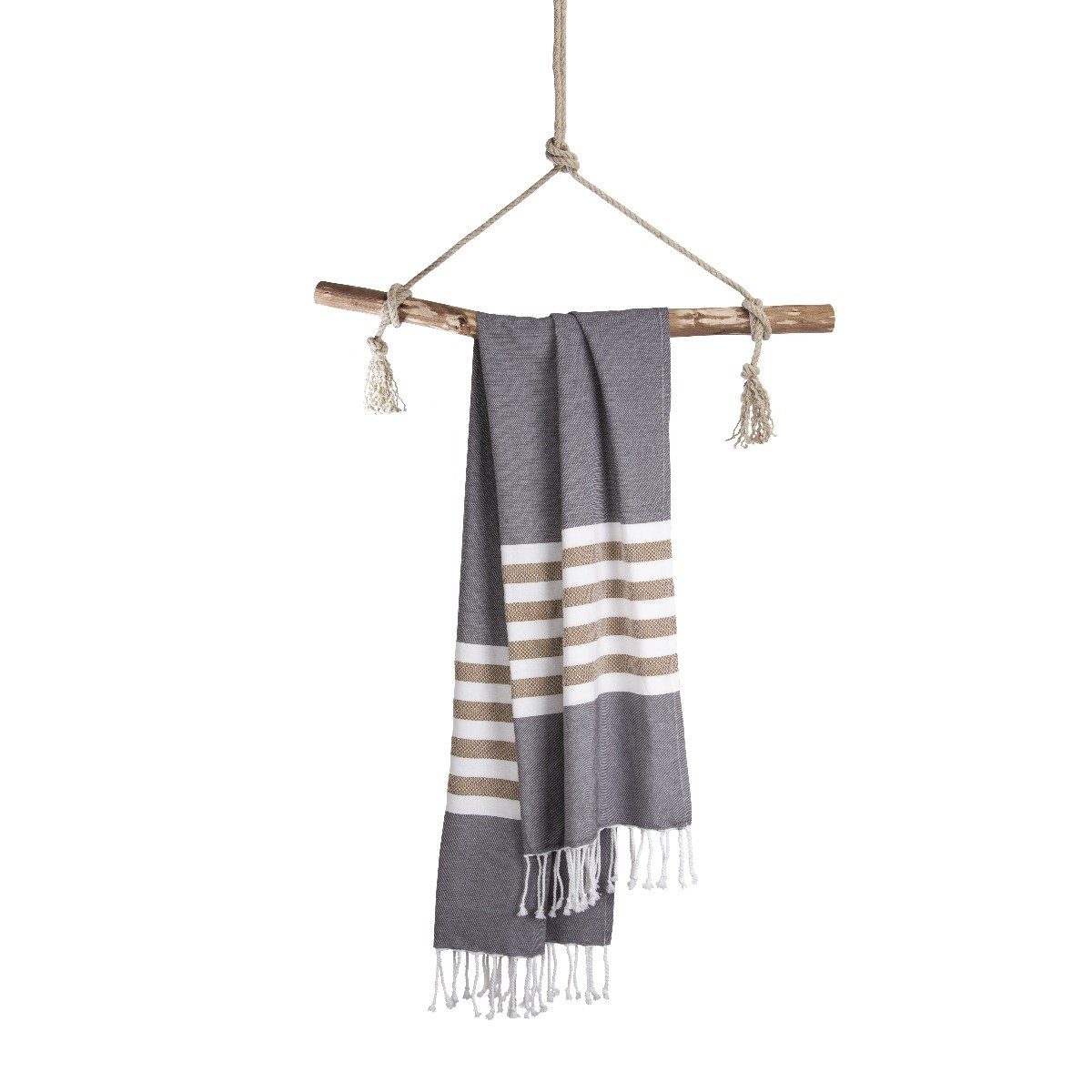 Walra Strandtuch Fouta Sunshade Happiness Off Black - 100x180 cm, Off Black 100% Baumwolle Hammam Handtücher