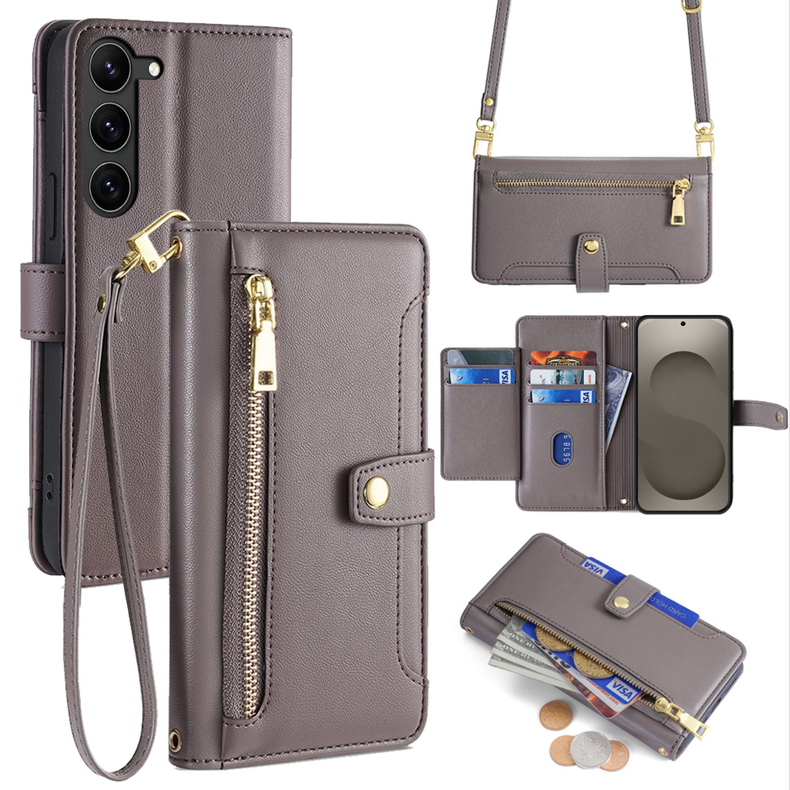 betterfon Handykette für Samsung Galaxy Leder Umhänge Hülle mit Kartenfächer, 5 Kartenfächer + verstellbare Kette & Standfunktion mit TPU-Schutz