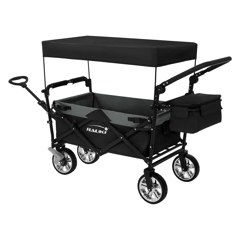Hauki Bollerwagen Transportwagen für Kinder faltbar mit Dach und Tasche, Gerätewagen Schwarz/Grau 360° drehbar PU Räder mit Bremsen bis 120kg