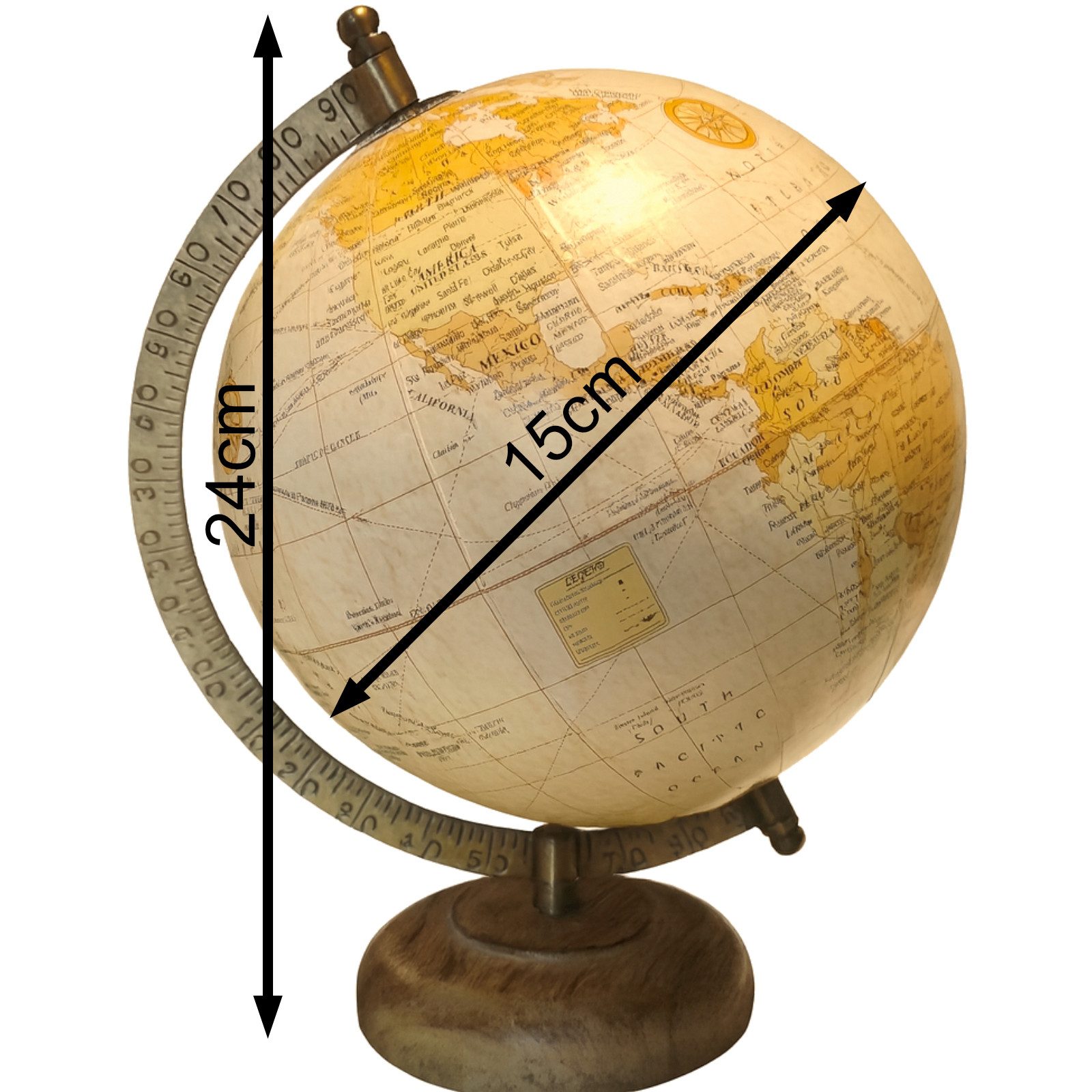 Koopman Globus Tischglobus Ø 15 Weltkarte Holzfuß Metallring Schwarz / Weiß, (1-tlg), Dekorativ, Erdball, 1:68.000.000 Maßstab, Dekoglobus, Antik