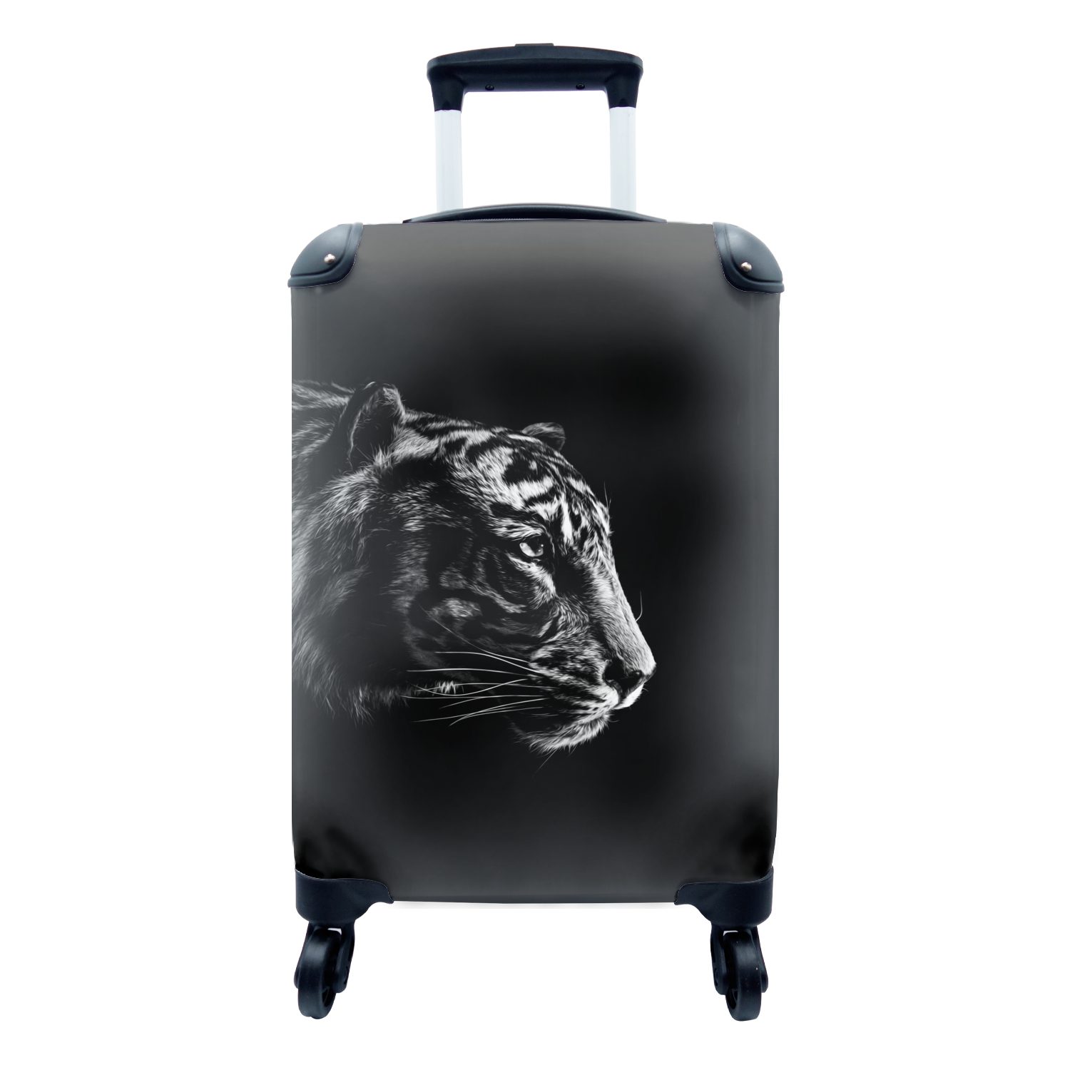 MuchoWow Handgepäckkoffer Handgepäck Reisekoffer Kopf Tigers auf schwarzem Ferien, - rollen, Trolley, und Rollen, schwarz Hintergrund mit 4 weiß, eines Reisetasche für