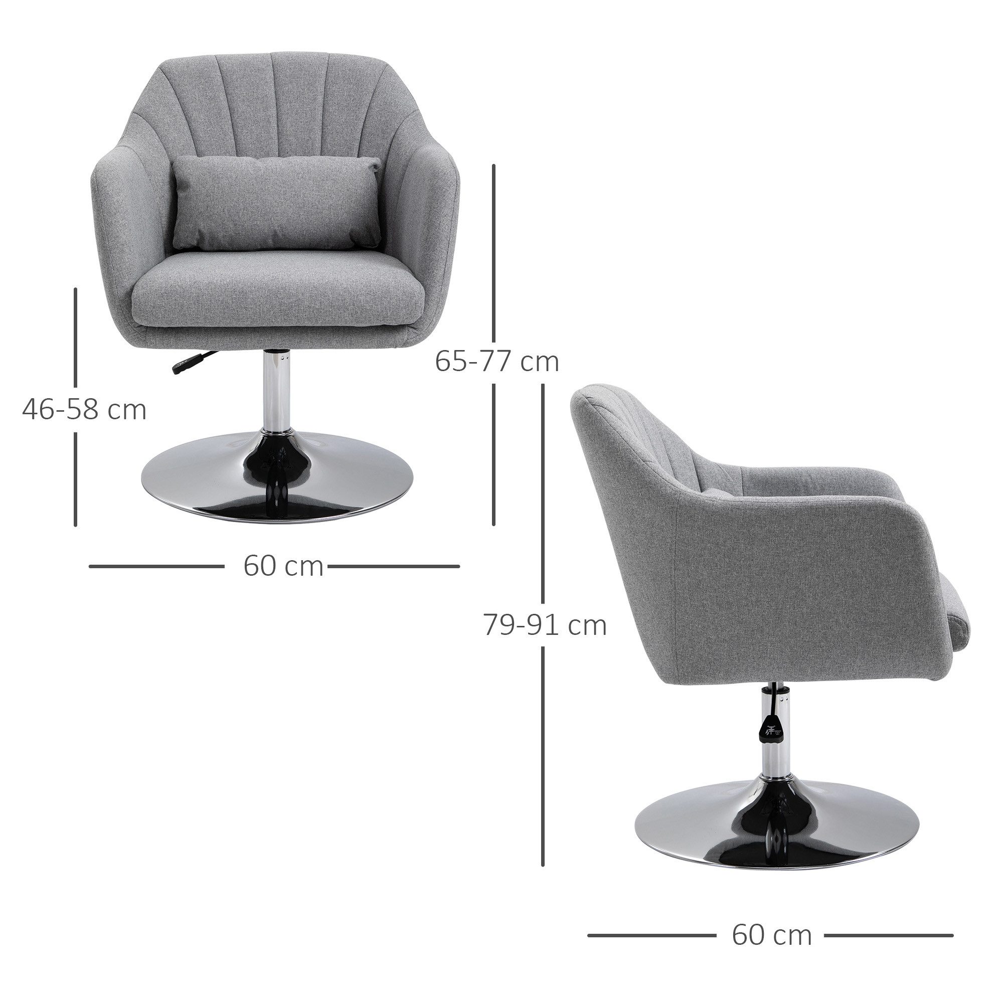 HOMCOM Relaxsessel mit Armlehne, Lendenkissen, Metallrahmen (gepolstert Drehstuhl, 1-St., höhenverstellbar Loungesessel), für Schlafzimmer, Wohnzimmer, Grau