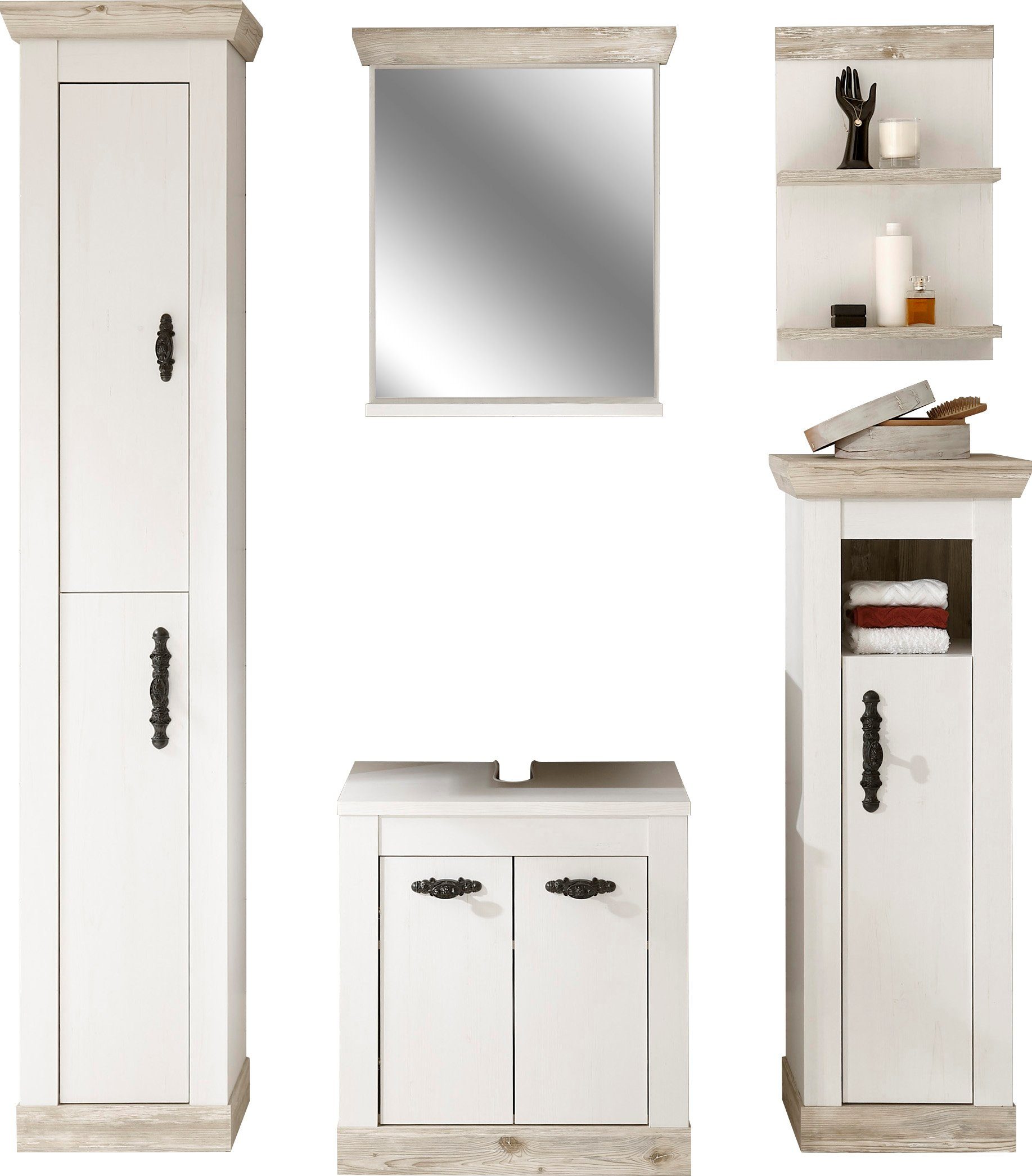 Home affaire Badmöbel-Set Florenz, Bad im Landhausstil, 5-teiliges Badezimmer, (5-St), Unterschrank, Schränke, Wandregal und Spiegel, in Pinie Weiß, Stauraum