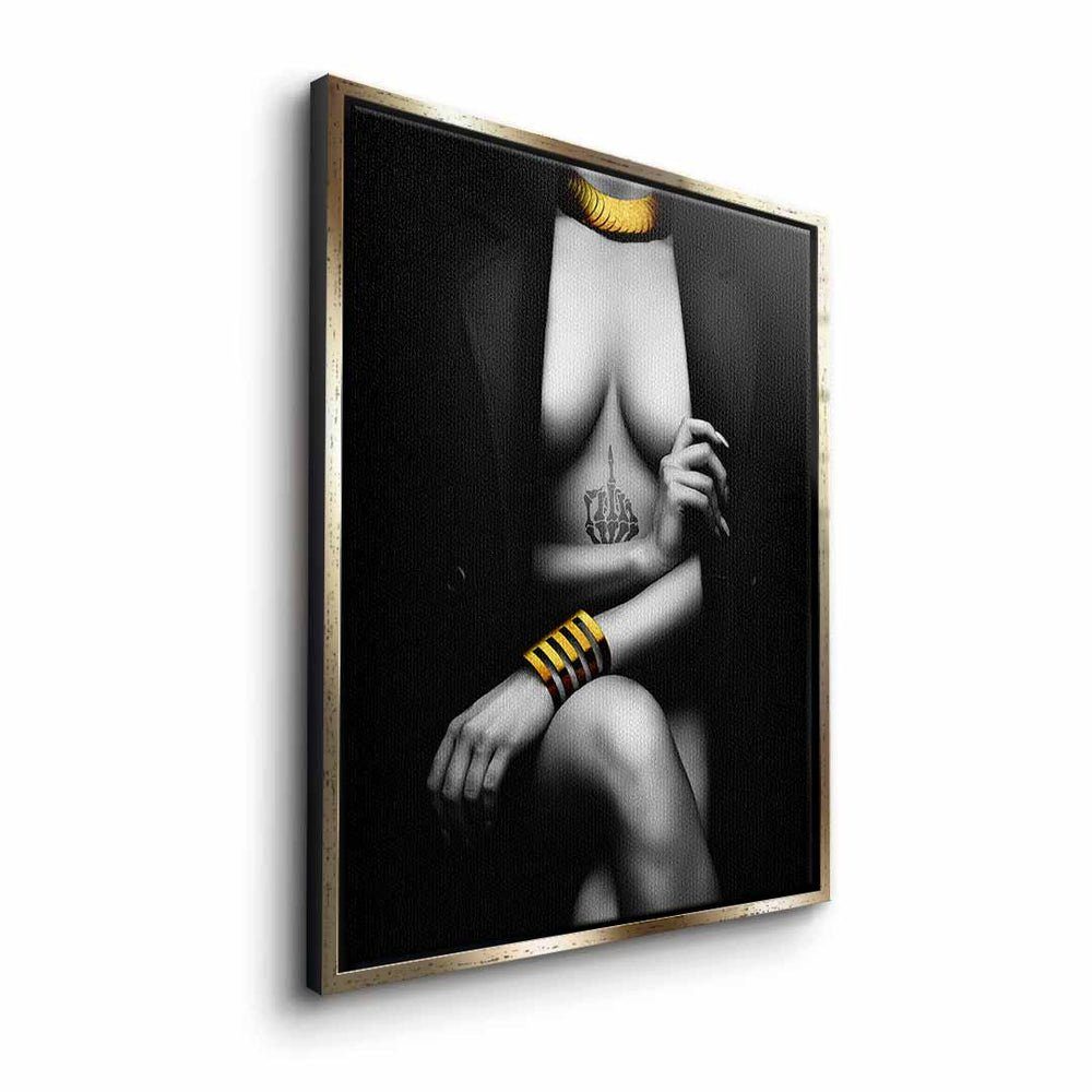 DOTCOMCANVAS® Leinwandbild, Leinwand Elegant Pose grau premiu schwarz Rahmen gold mit weißer elegant Frau Erotik