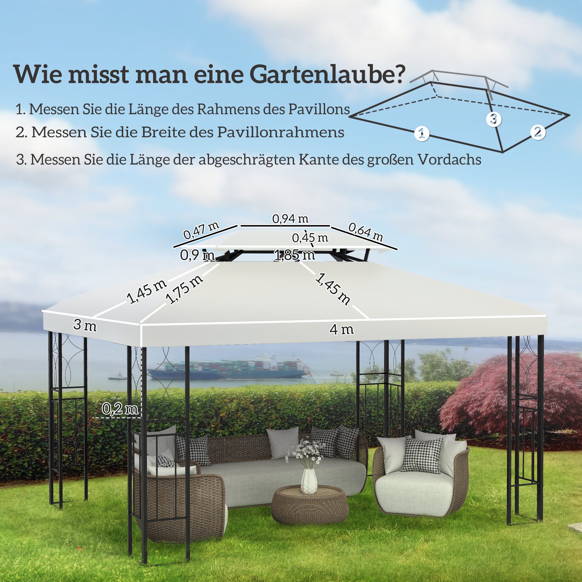 Outsunny Pavillon-Ersatzdach 3 x 4 m, mit Doppeldach, 180 g/m², 400 x 400 cm (Ersatzdach, Gartenpavillonersatzdach), für Gartenpavillon, Polyester, Cremeweiß