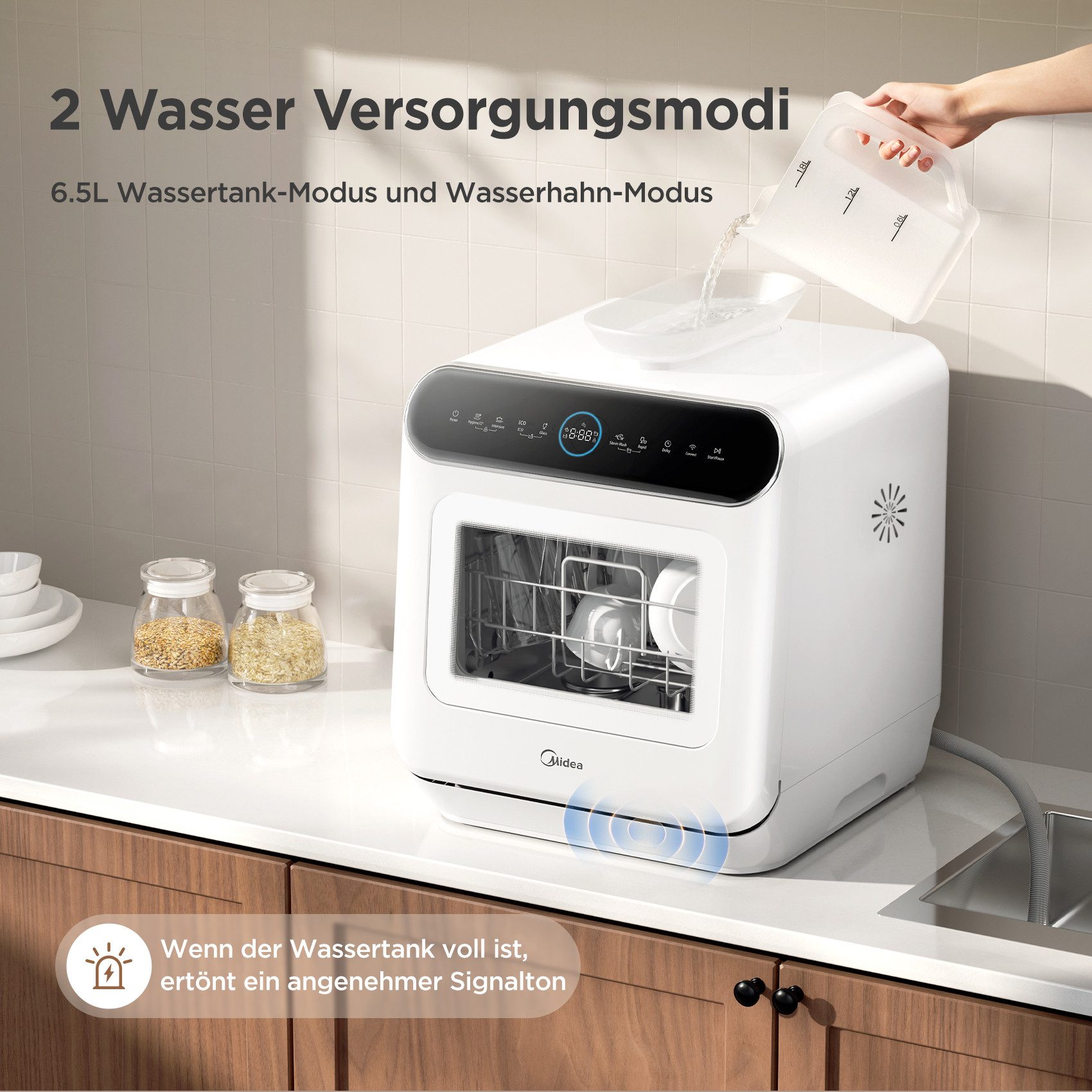 Midea Tischgeschirrspüler MDWMT0305EW-WE, 3 Maßgedecke, mit/ohne Festwasseranschluss, Automatischer Türöffner, IOT