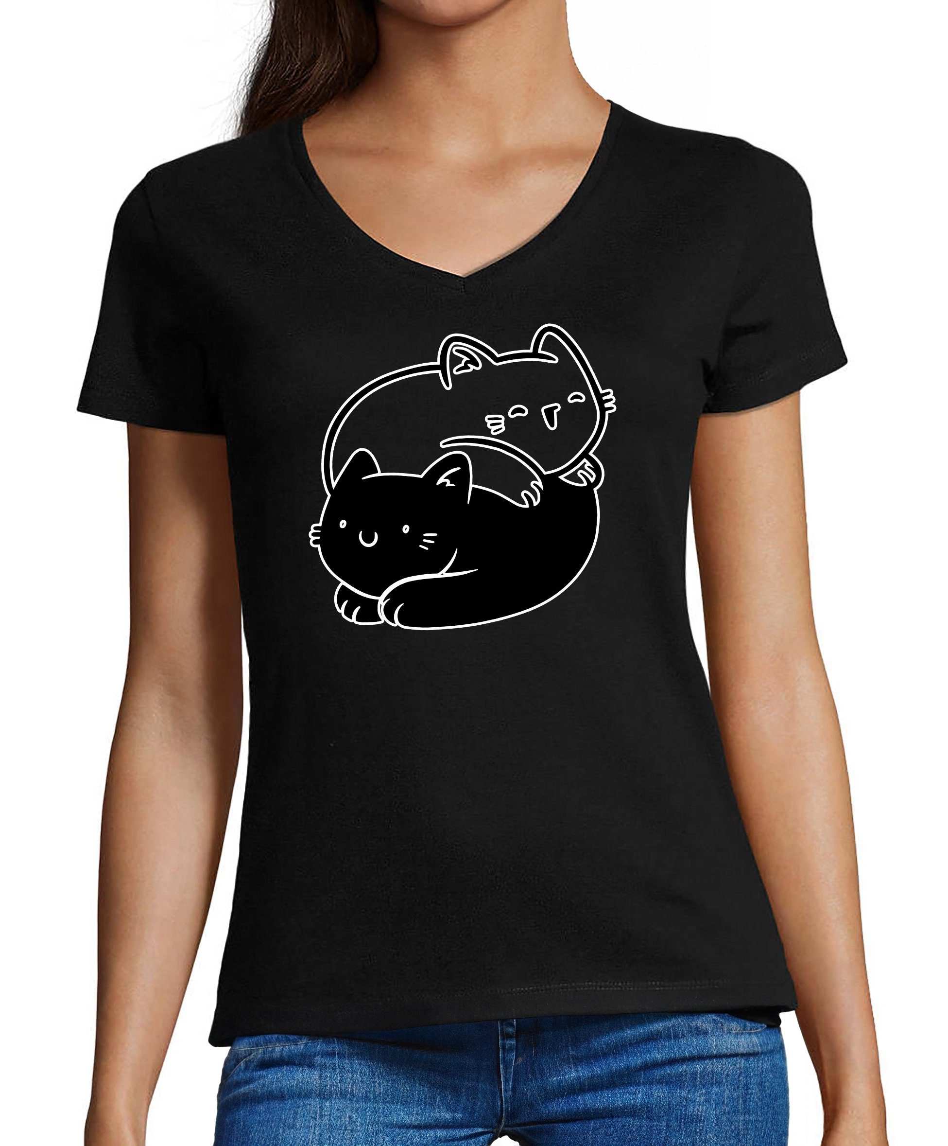 Katze i112 Yin Fit, - Baumwollshirt mit Slim bedruckt T-Shirt Aufdruck, Shirt Katzen Damen MyDesign24 Yang Print schwarz