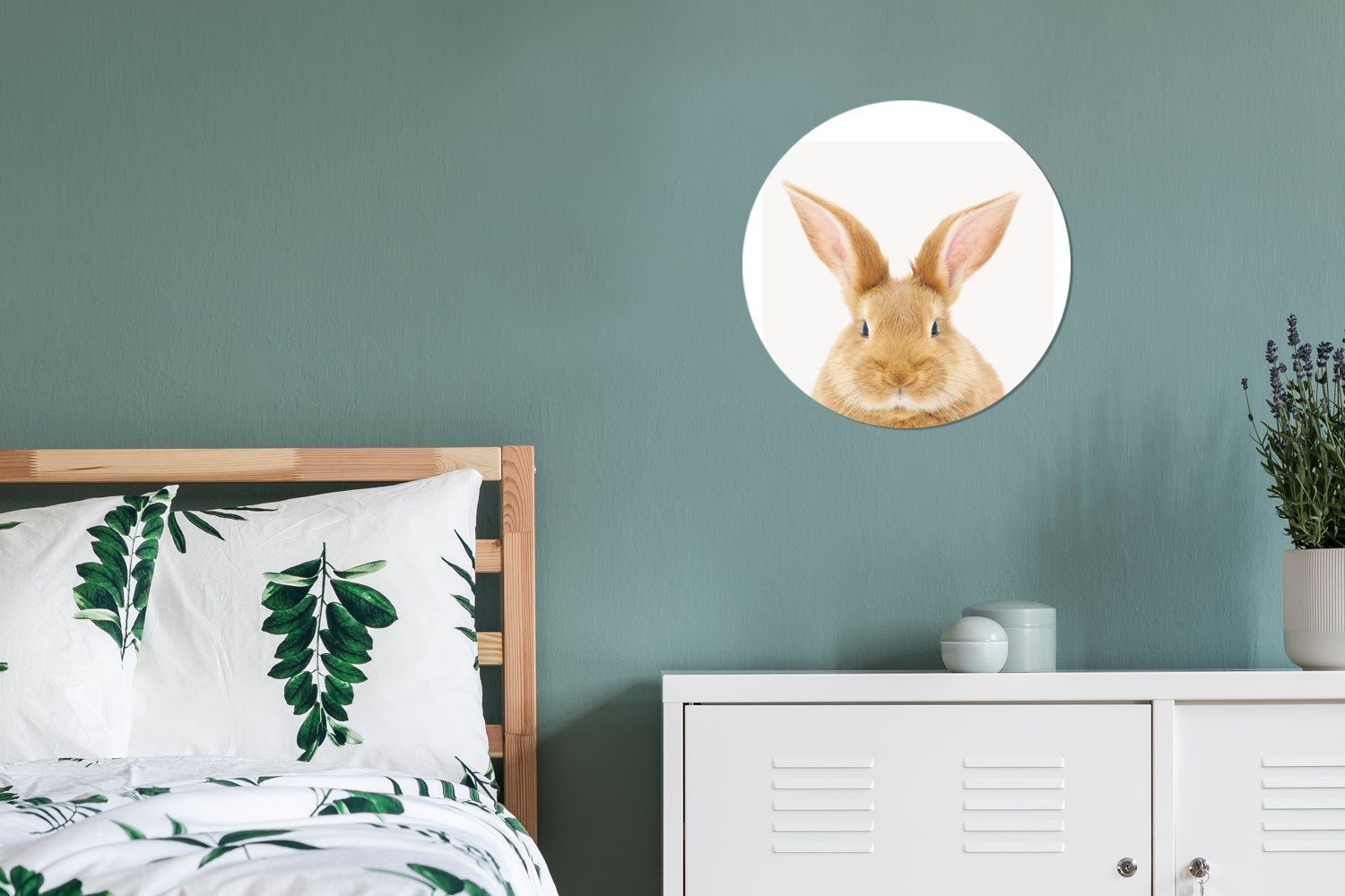 Kaninchen Wandsticker - Tapetenkreis Weiß Tiere (1 MuchoWow Tapetenaufkleber, Rund, Kinderzimmer, für St), - Wohnzimmer