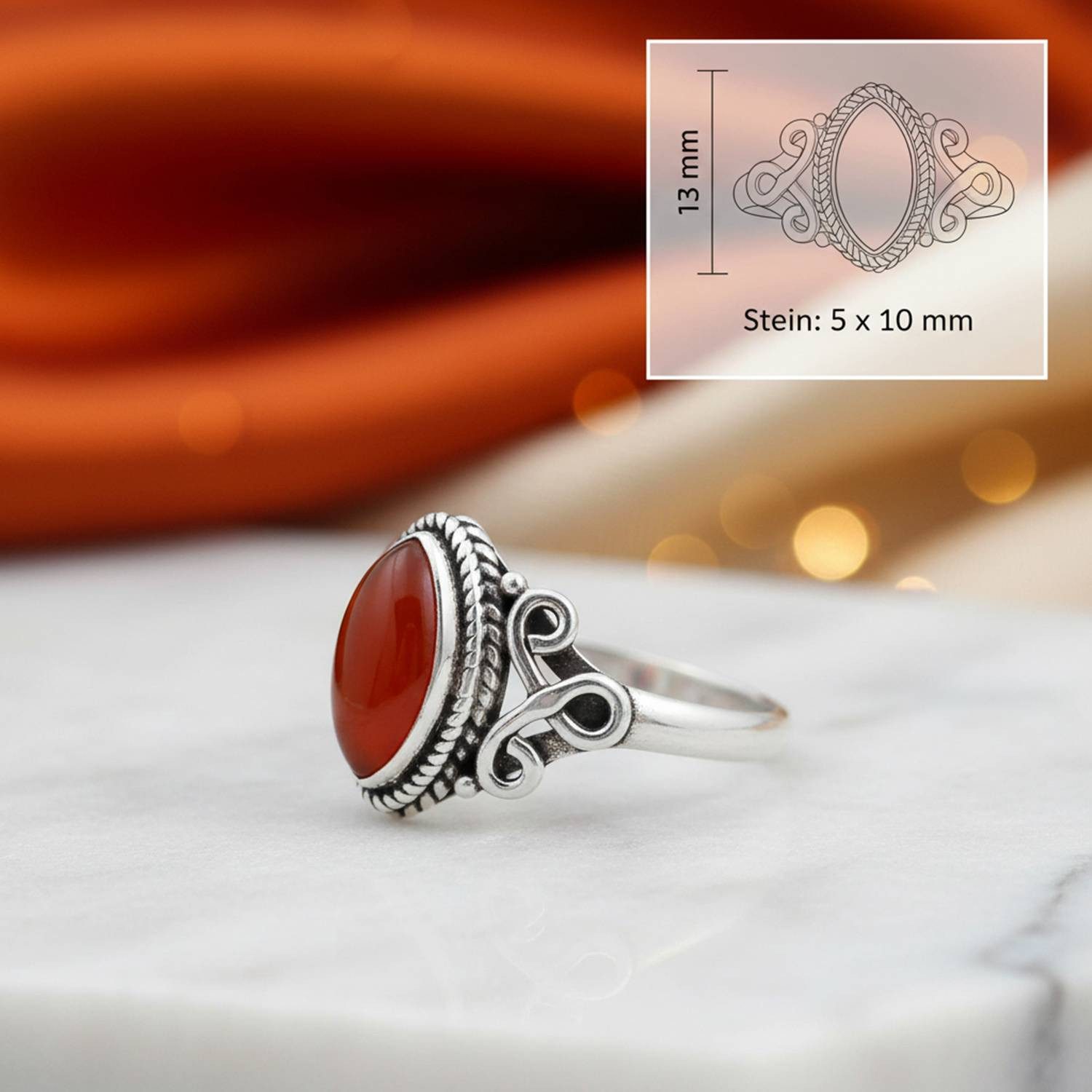 mantraroma Silberring BAGHIMI Ellipse aus 925 Silber mit Karneol (Ring mit Schmuckbeutel), Damenring aus 925er Silber