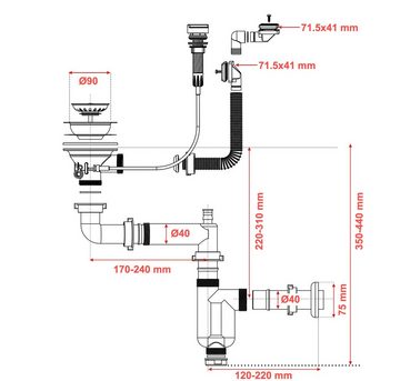 manestein Ablaufgarnitur Manestein Ablaufgarnitur, Küchenspülenablauf-Set, Siphon mit Überlauf, mit Auto Spülen-Siebkorbventil 3,5", für Einbeckenspülen, mit Anschluss an Wasch- oder Spülmaschinen