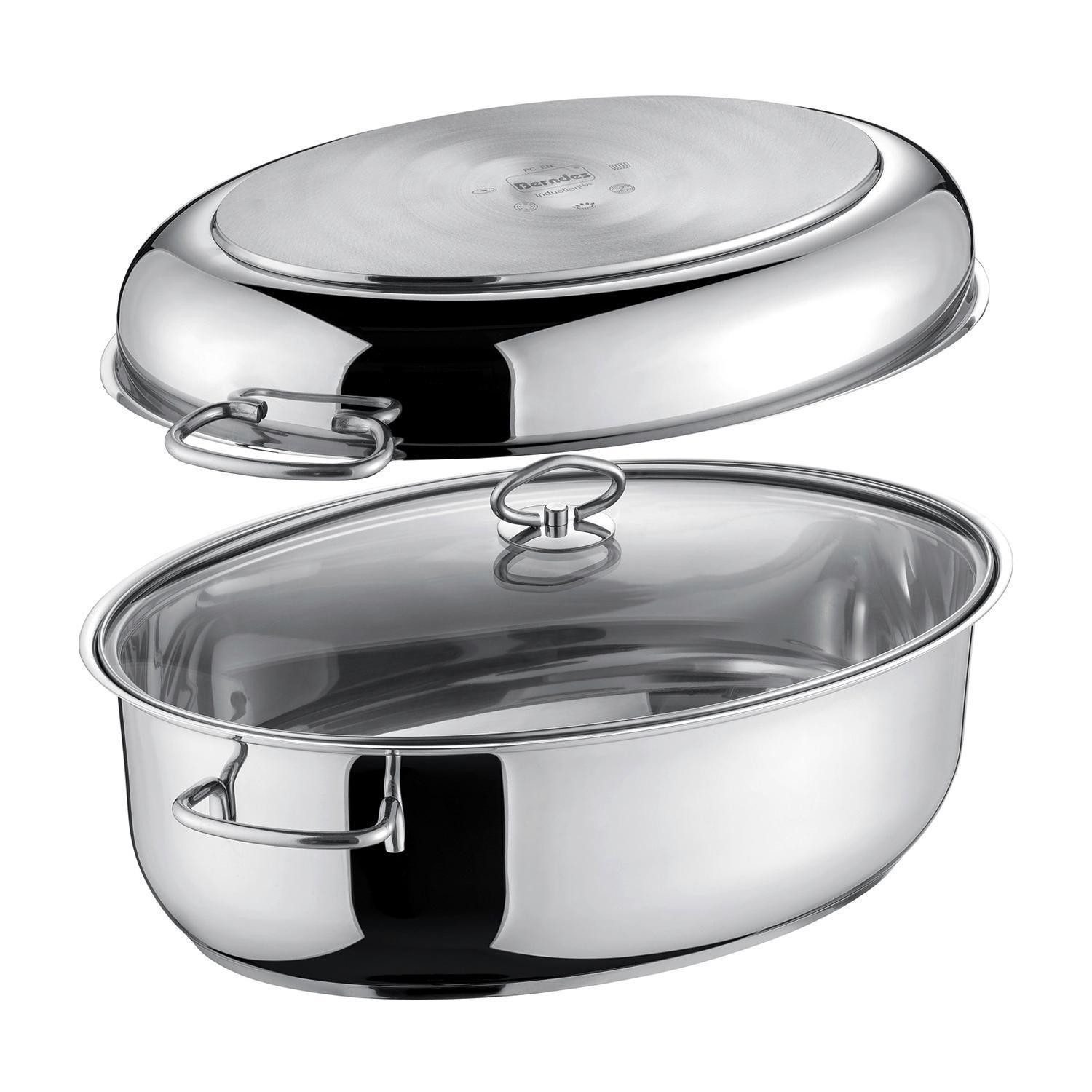 Berndes Bräter MARANO, 38 x 25,5 cm, mit Glasdeckel, 8,5 Liter, Edelstahl, mit Gittereinsatz, Extradeckel aus Edelstahl, Antihaftversiegelung