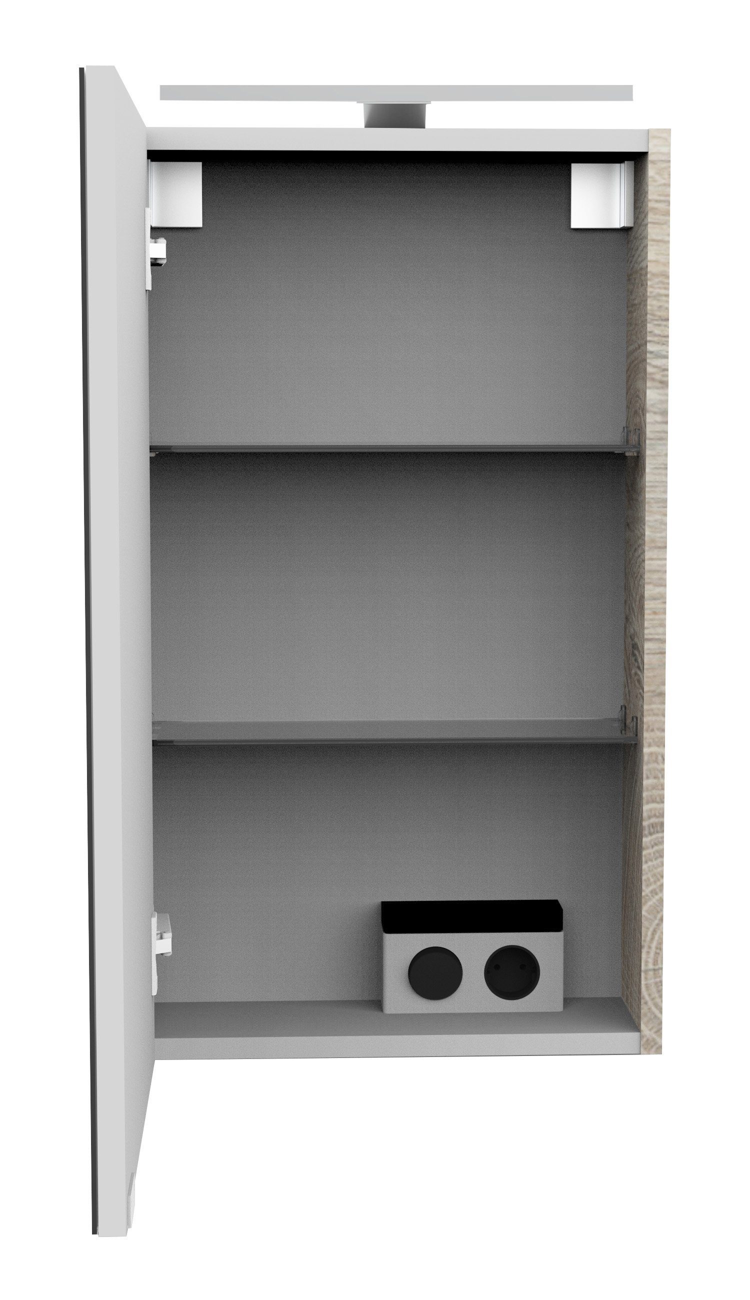 FACKELMANN Spiegelschrank SBC (Spiegelschrank mit LED-Aufsatzleuchte) für das Gästebad, Schalter und Steckdose, Breite 40cm, Anschlag links