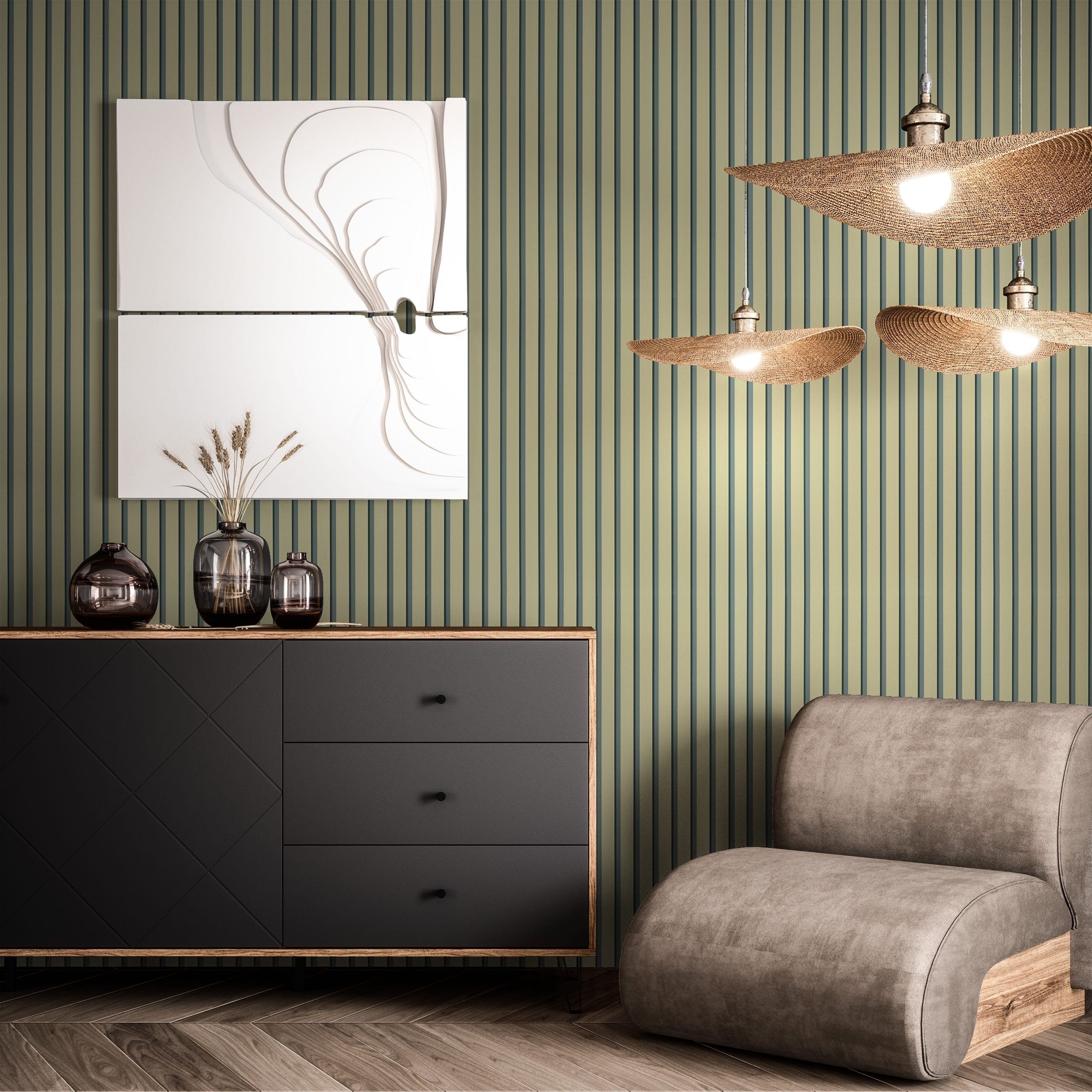 Newroom Vliestapete Baker Olive Tapete Holzwandpaneele Paneele,Lamellen, Grün Tapete Skandinavisch Paneele - Holzwandpaneele Wandpaneele Olivgrün Modern Lamelle – Bild 5 von 5