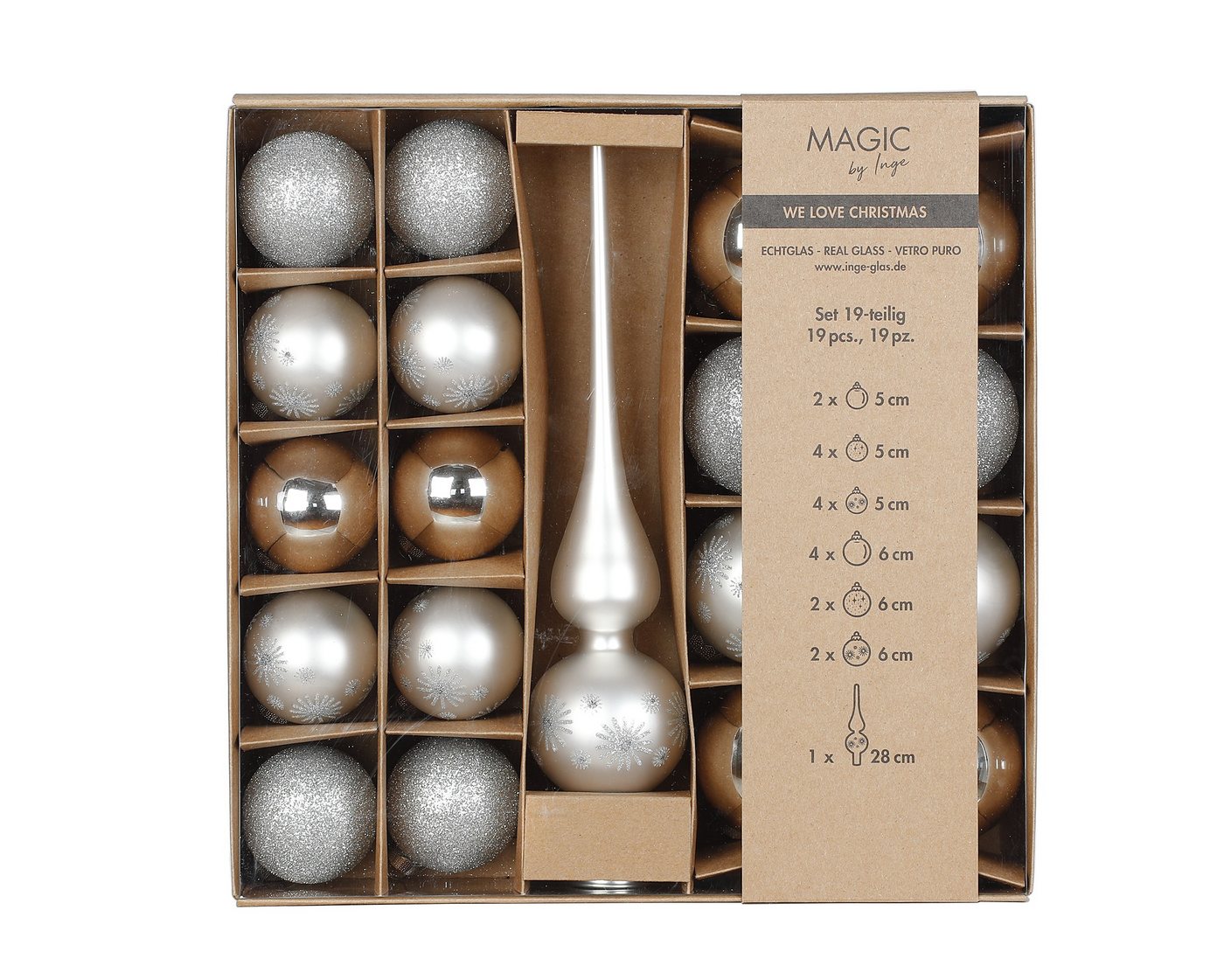 Holly & Jolly Weihnachtsbaumkugel, Weihnachtskugeln Glas 5-6cm mit Spitze 19er Set - Frosty Silver