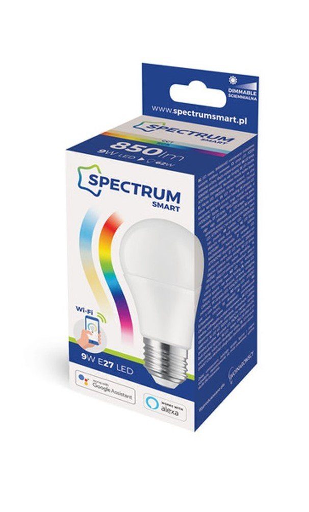 Spectrum SMART LED-Leuchtmittel LED E27 SmartHome WiFi A60 - 2700K-6500K 9W=62W warmweiß bunt DIMMBAR, bis CCT-Farbtemperatursteuerung tageslichtweiß, Tuya E27, Farbwechsler, AlexaGoogle RGB