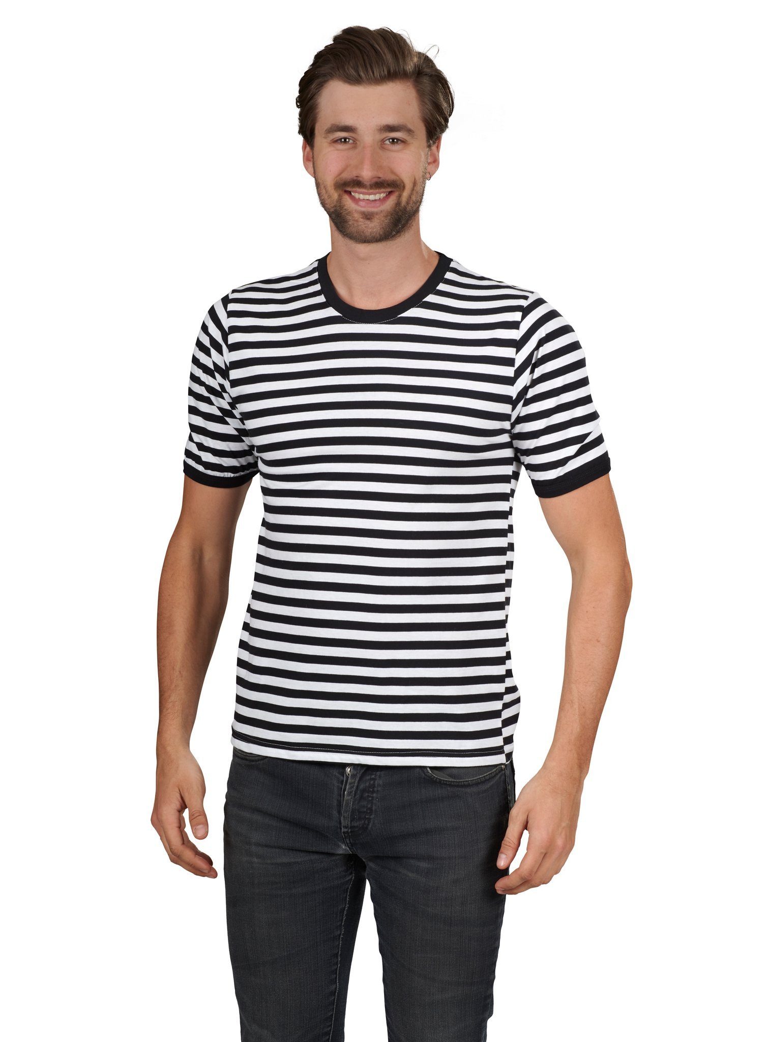 Metamorph Clown-Kostüm Hochwertiger Ringelpulli Kurzarm schwarz-weiß, Alltagstaugliche Ringelware für Karnevalsclowns, Matrosen oder Riesen