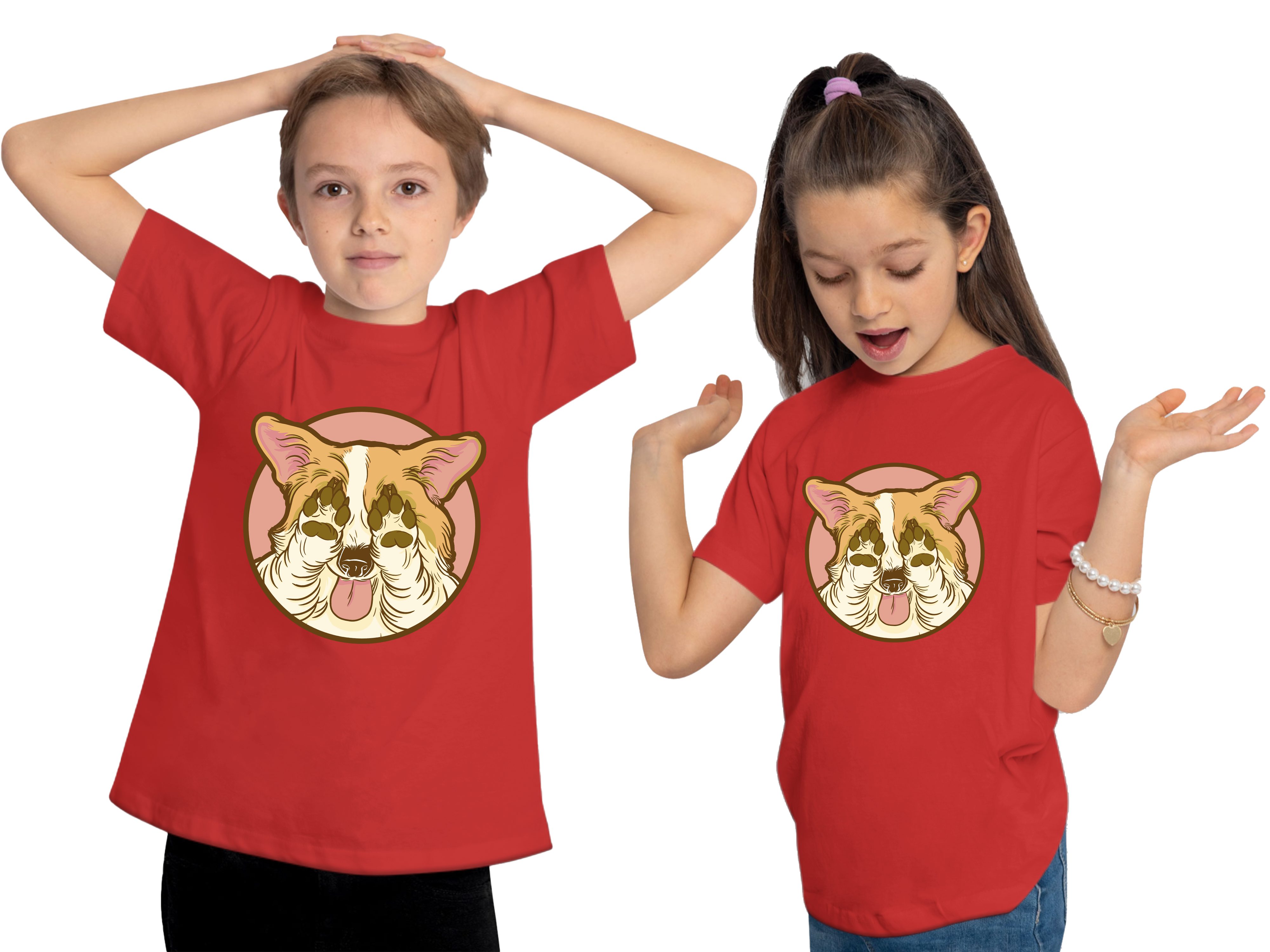 rot zu i226 Kinder mit Baumwollshirt bedrucktes T-Shirt MyDesign24 Print-Shirt Augen hält Hunde Corgi - der seine Aufdruck,