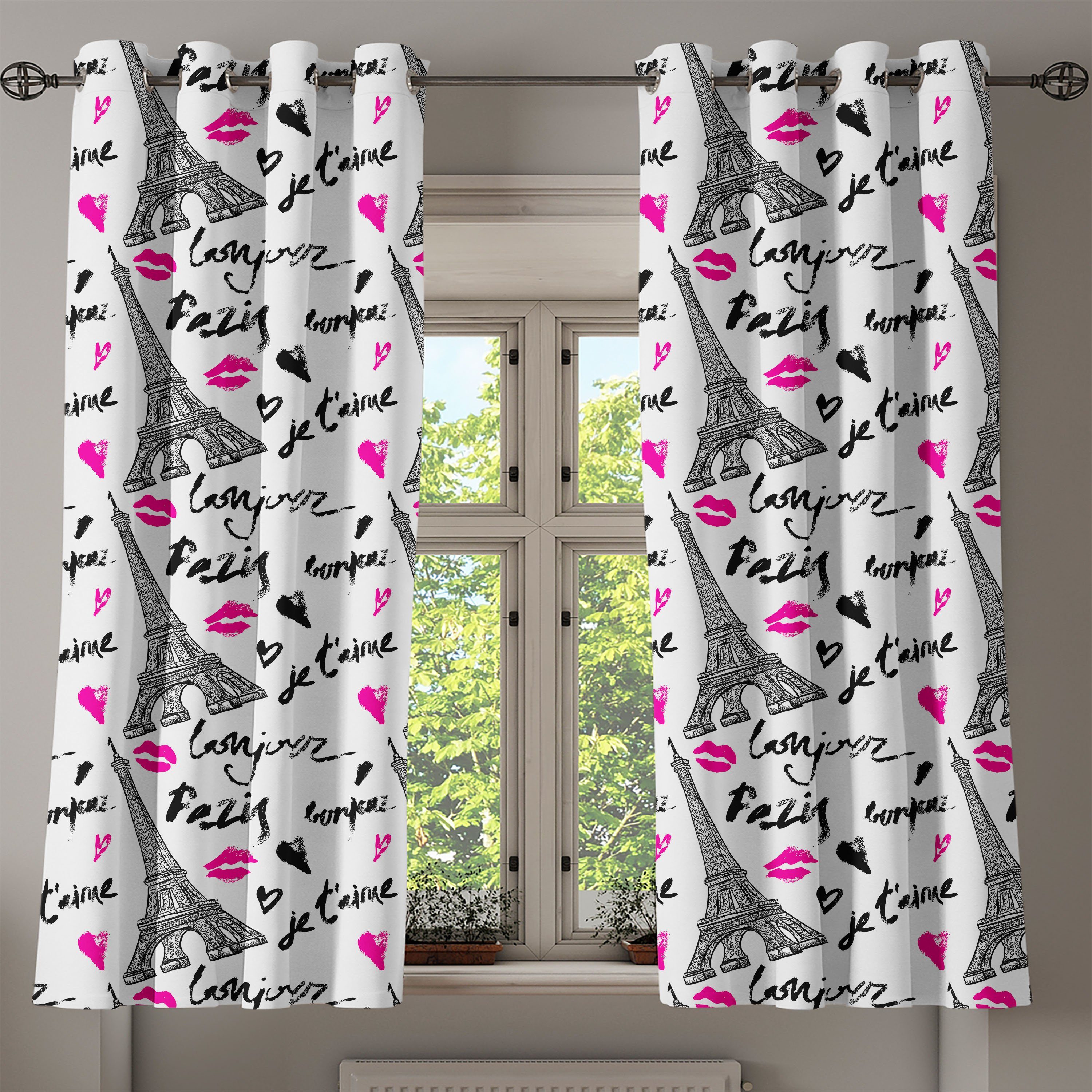 Gardine Dekorative 2-Panel-Fenstervorhänge für Abakuhaus, Liebe Kiss Wohnzimmer, Eiffel Paris Schlafzimmer Pink