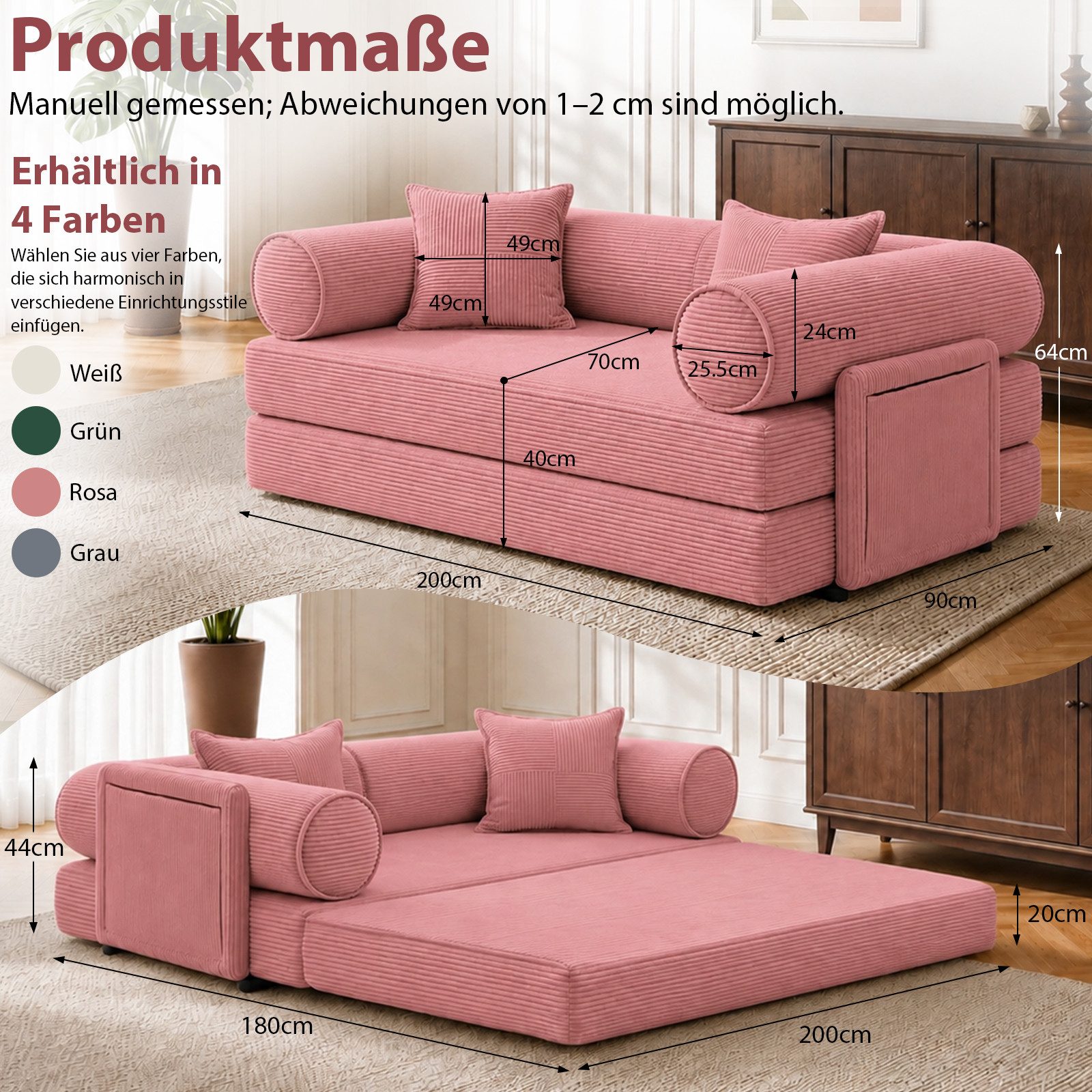 Hoolamyie Sofa 6-in-1 Cord Schlafsofa mit Schlaffunktion, 200 cm breit, 2-Sitzer, Modulares Sofa, ohne Montage, komprimiert verpackt, bis 200 kg – Bild 2 von 5