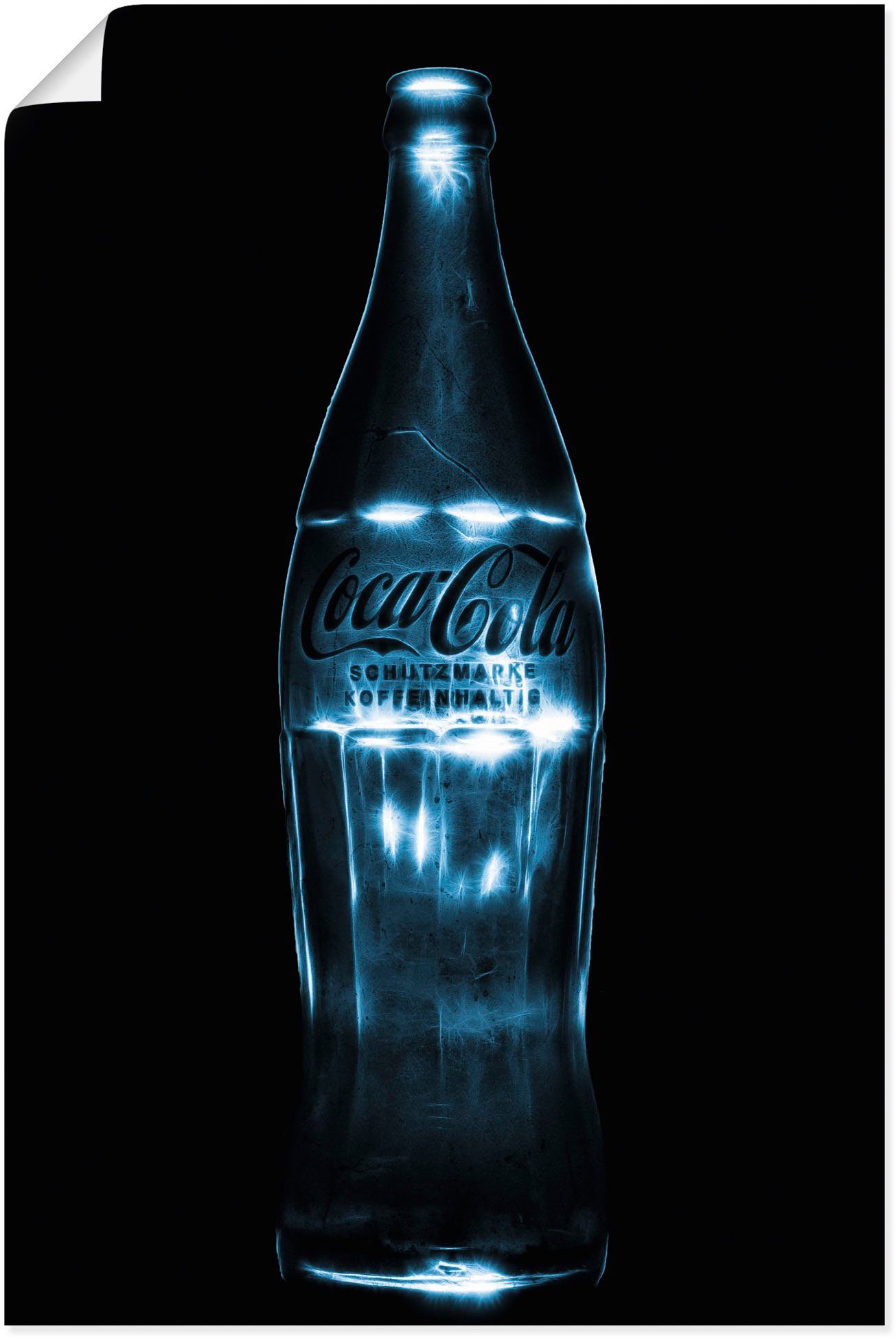oder Größen Licht Alubild, Colaflasche coke Getränke Poster als St), Leinwandbild, Wandbild in just (1 versch. mit Wandaufkleber beleucht, Artland