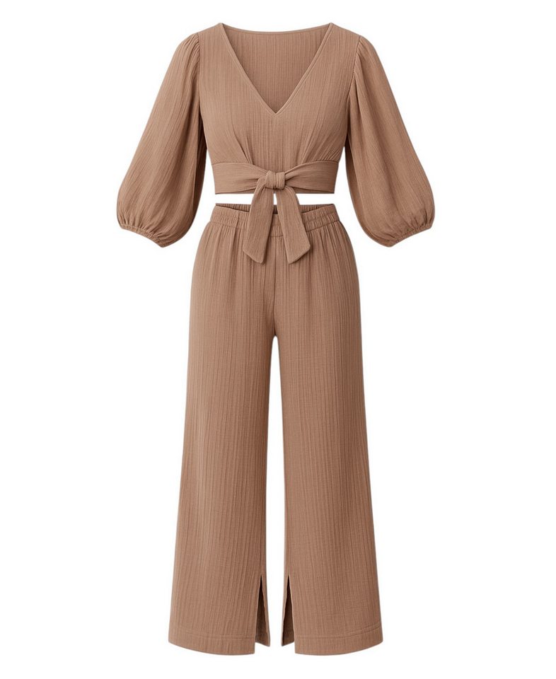 WENOR Crop-Top Set Damen Musselin-Zweiteiler mit Hose, Wickel-Top & V-Ausschnitt (2-tlg., Zweiteiliges Set) Bindeband vorn, Raffdetails an Schultern
