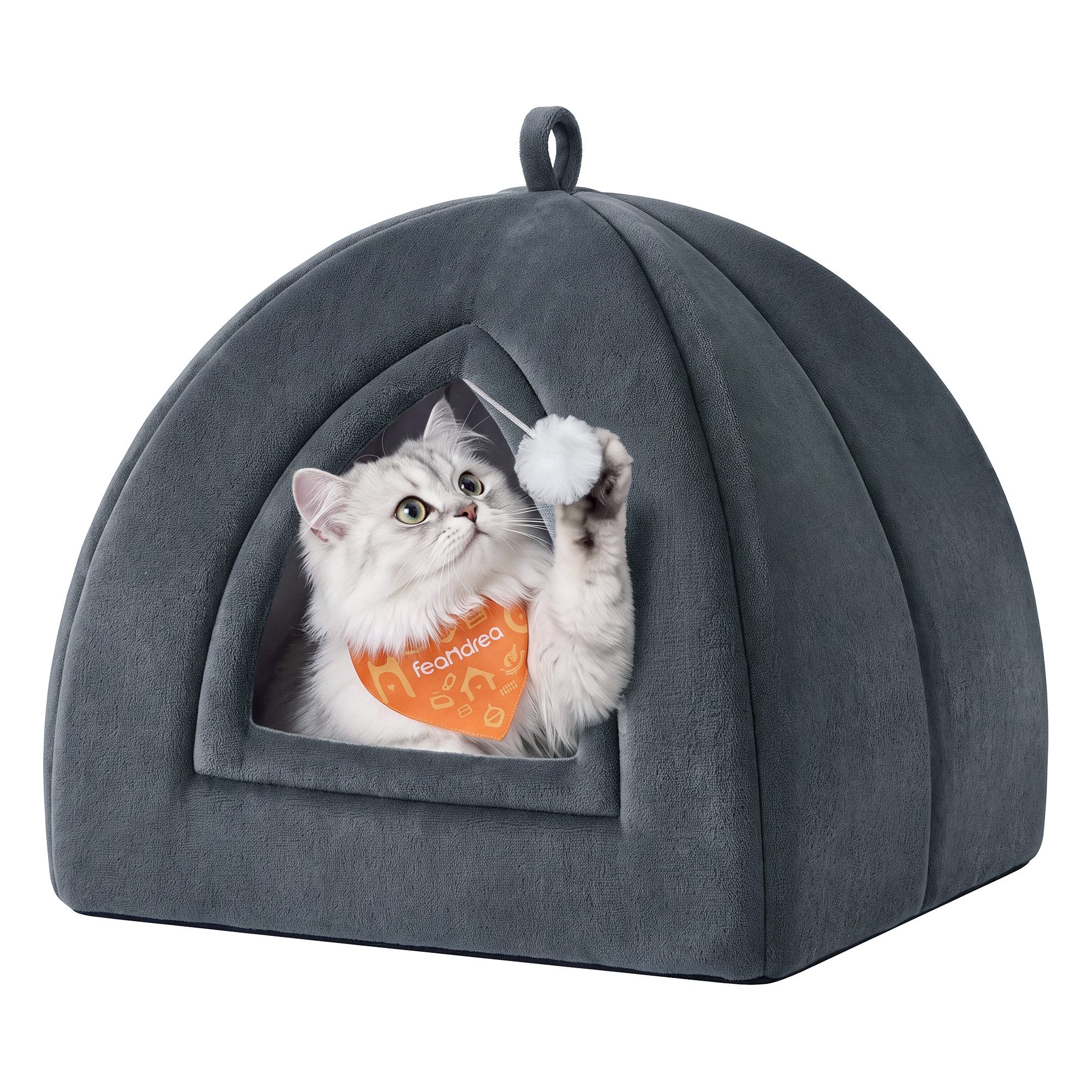 FEANDREA Katzenhaus Katzenhöhle, 2-in-1 Katzenbett, Katzen Kuschelhöhle, mit Spielzeug, Waschbares Kissen, Rutschfest, Schiefergrau, Flanell