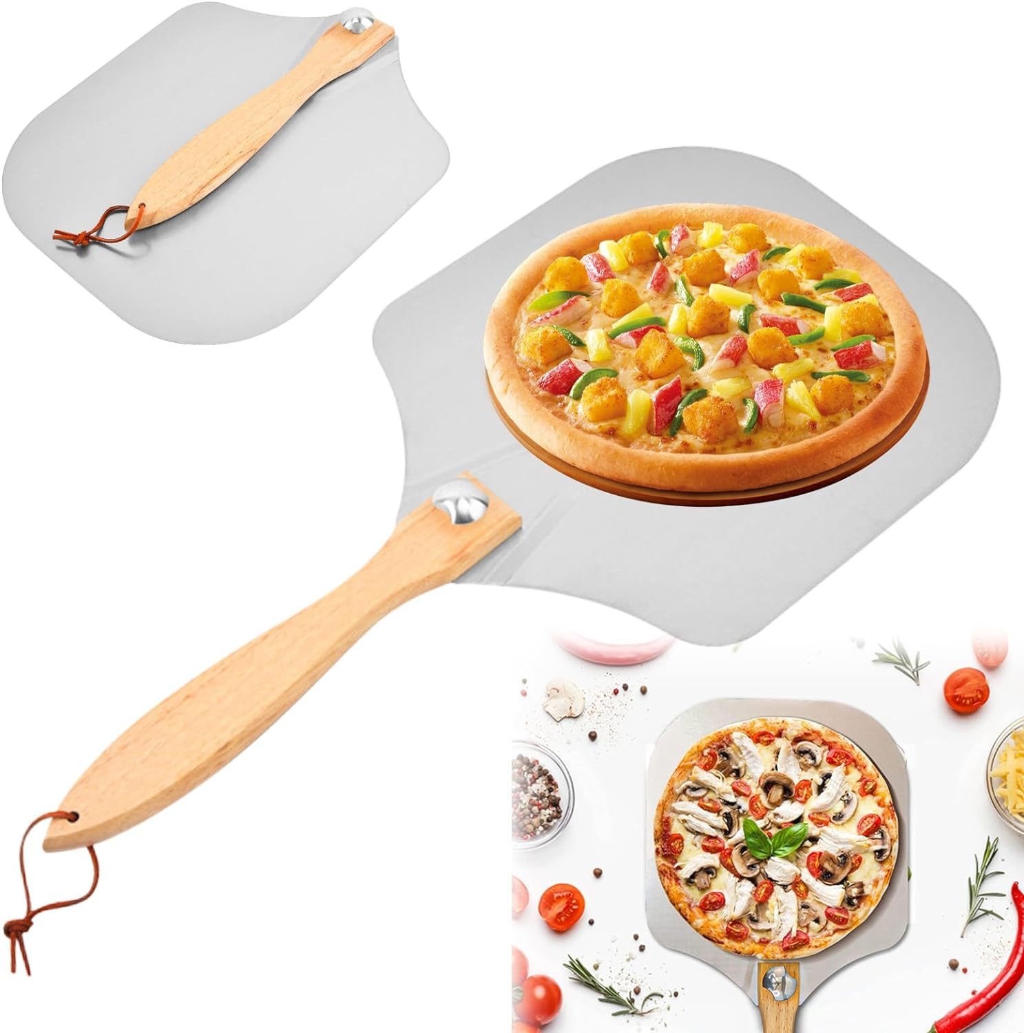 BlingBin Pizzaschieber Pizzaschaufel Perforiert mit Klappbarer Holzgriff, Stabileres Heimgebrauch Pizza Schaufel Pizza Zubehör für Pizza