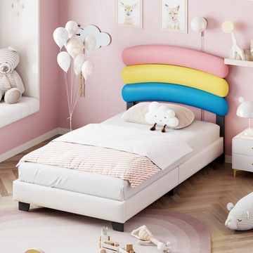 FUROKOY Kinderbett 90x200 cm Regenbogen-Polsterbett mit Lattenrost, PU-Leder Kinderbett für Jungen und Mädchen (ohne Matratze),Beige