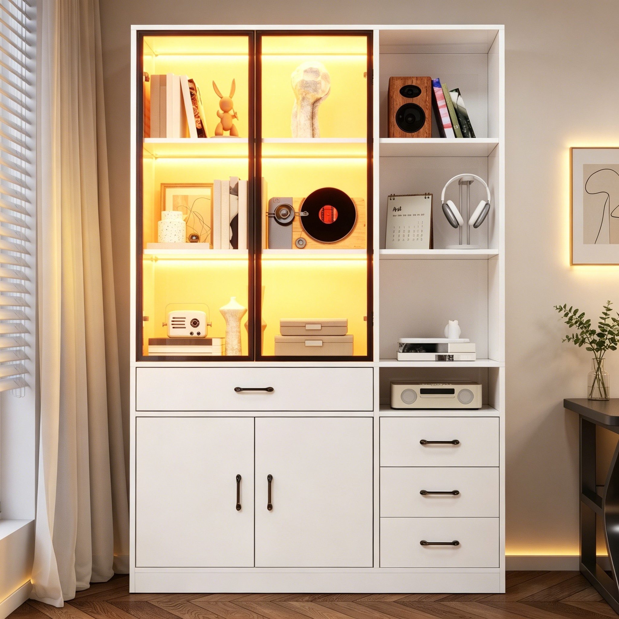 Odikalo Hochschrank Vitrine Bücherschrank LED Glasvitrine,13 Fächer,4 Schubladen (Stabiles MDF 120x35x200cm Wohnzimmer Hochschrank)