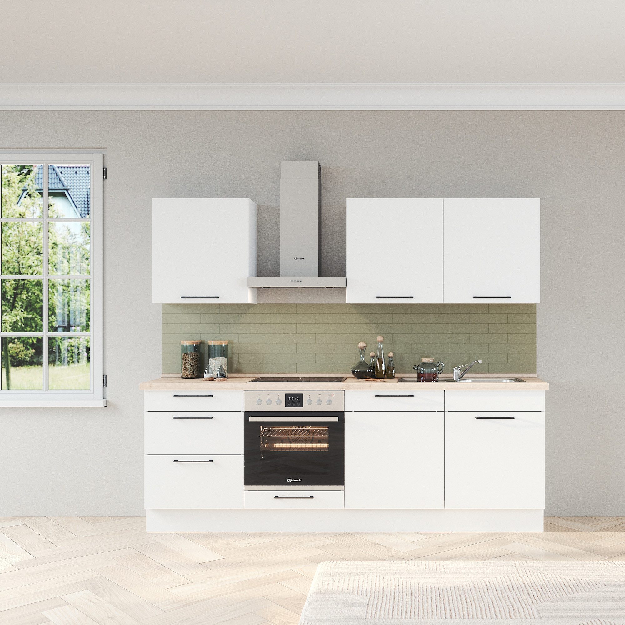 ROCTOR Küchenzeile RT5001 Kristallweiß / AP Sommereichehell - 240 cm Breit, Vormontiert, inklusive Bauknecht E-Geräten, Korpus Made in Germany