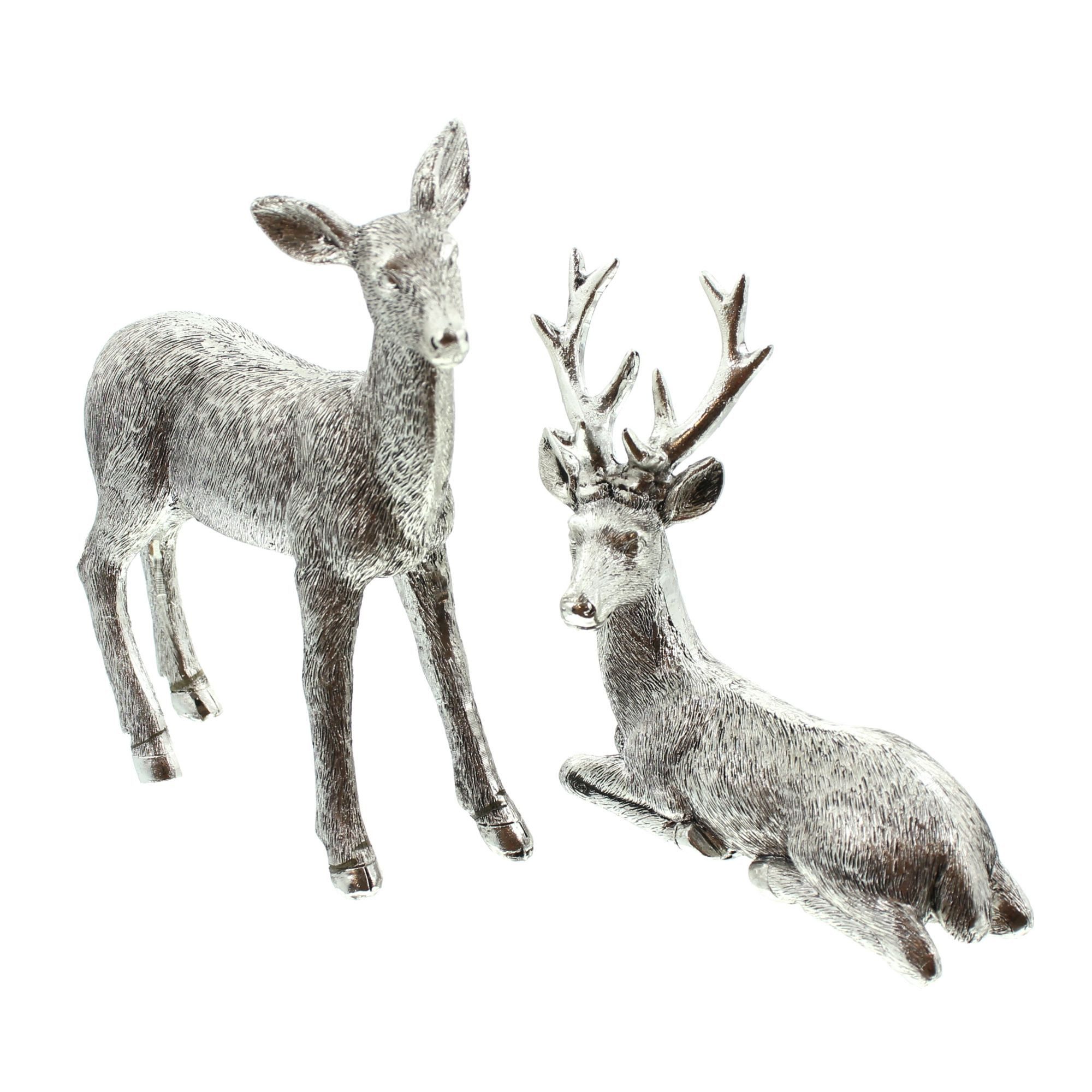 Dekoleidenschaft Dekofigur Reh & Hirsch aus Polyresin, silber glänzend, Tierfigur, Weihnachtsdeko (2 St., im Set), Tischdeko Weihnachtsfigur Figurenset 13 + 17 cm hoch, Weihnachts Figur