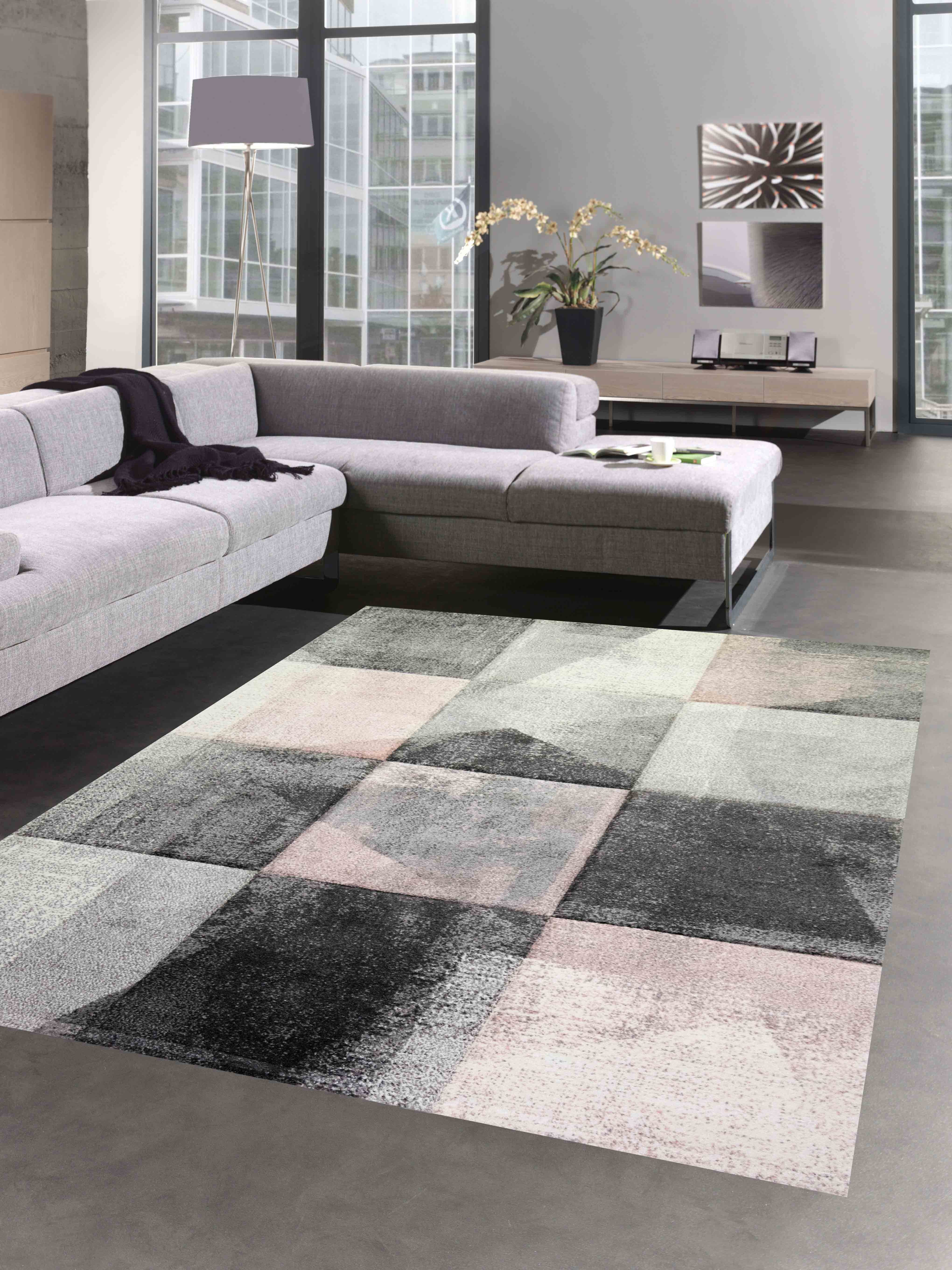 Teppich Flur Wohnzimmer modernes Karomuster in creme rosa grau