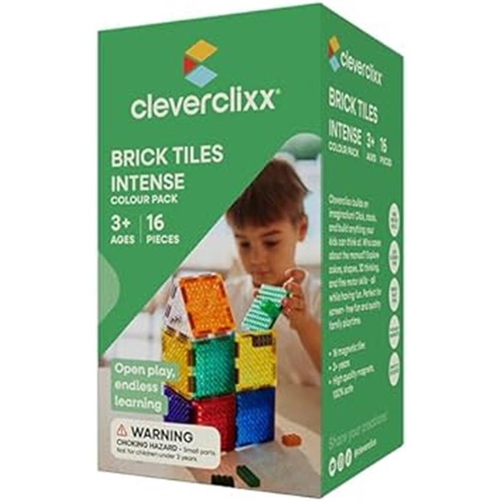 Cleverclixx Cleverclixx Brick Tiles Pack Intense 16 Teile Magnetspielbausteine, langlebiges Magnetspielzeug, robuste Bauweise, erweiterbare Sets