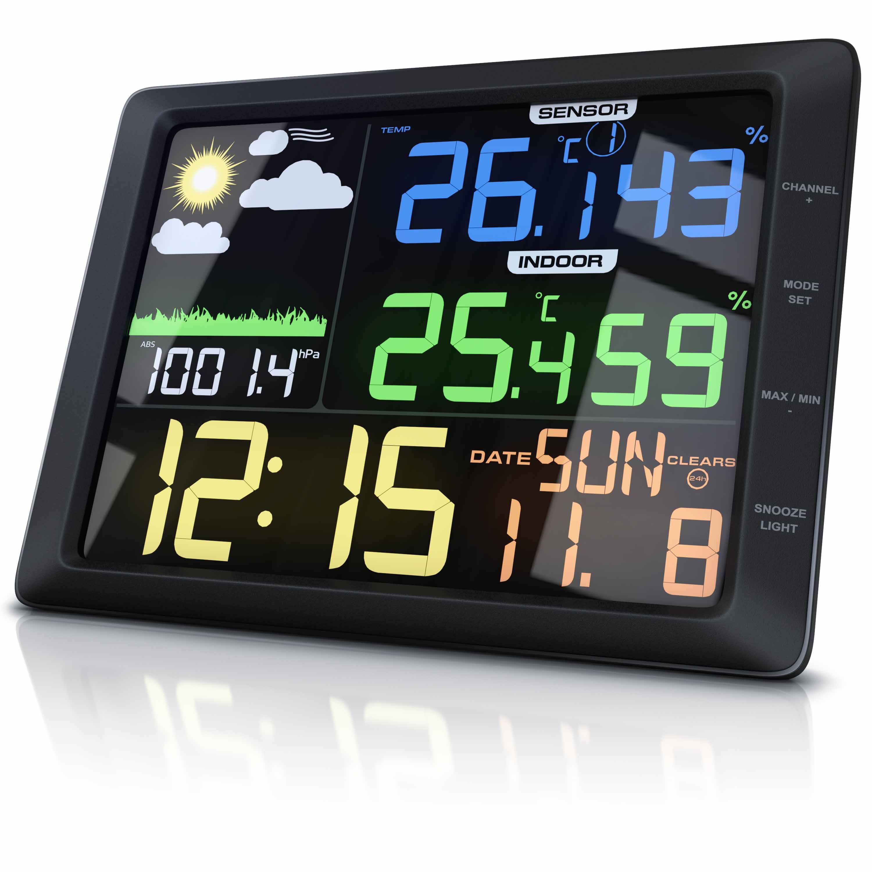 BEARWARE mit Farbdisplay & Außensensor, Wettervorhersage, Luftdruck, Temperatur Wetterstation (Außensensor; USB-Kabel; Bedienungsanleitung, Barometer, Frostalarm, Datum, Uhrzeit, Wecker mit Schlummerfunktion)