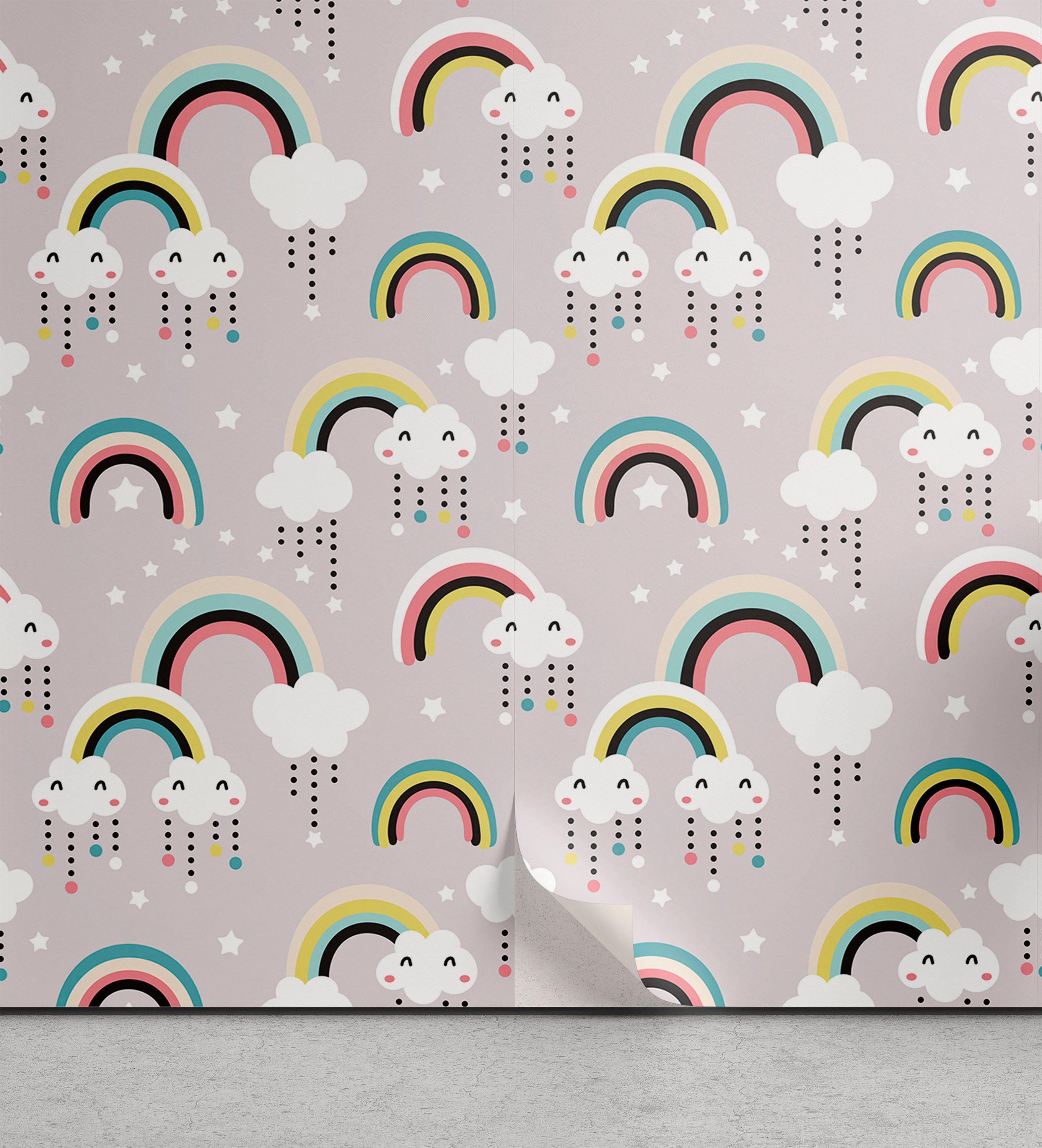 Abakuhaus Vinyltapete selbstklebendes Wohnzimmer Küchenakzent, Gekritzel Surreal Wolken Regenbogen-Stern