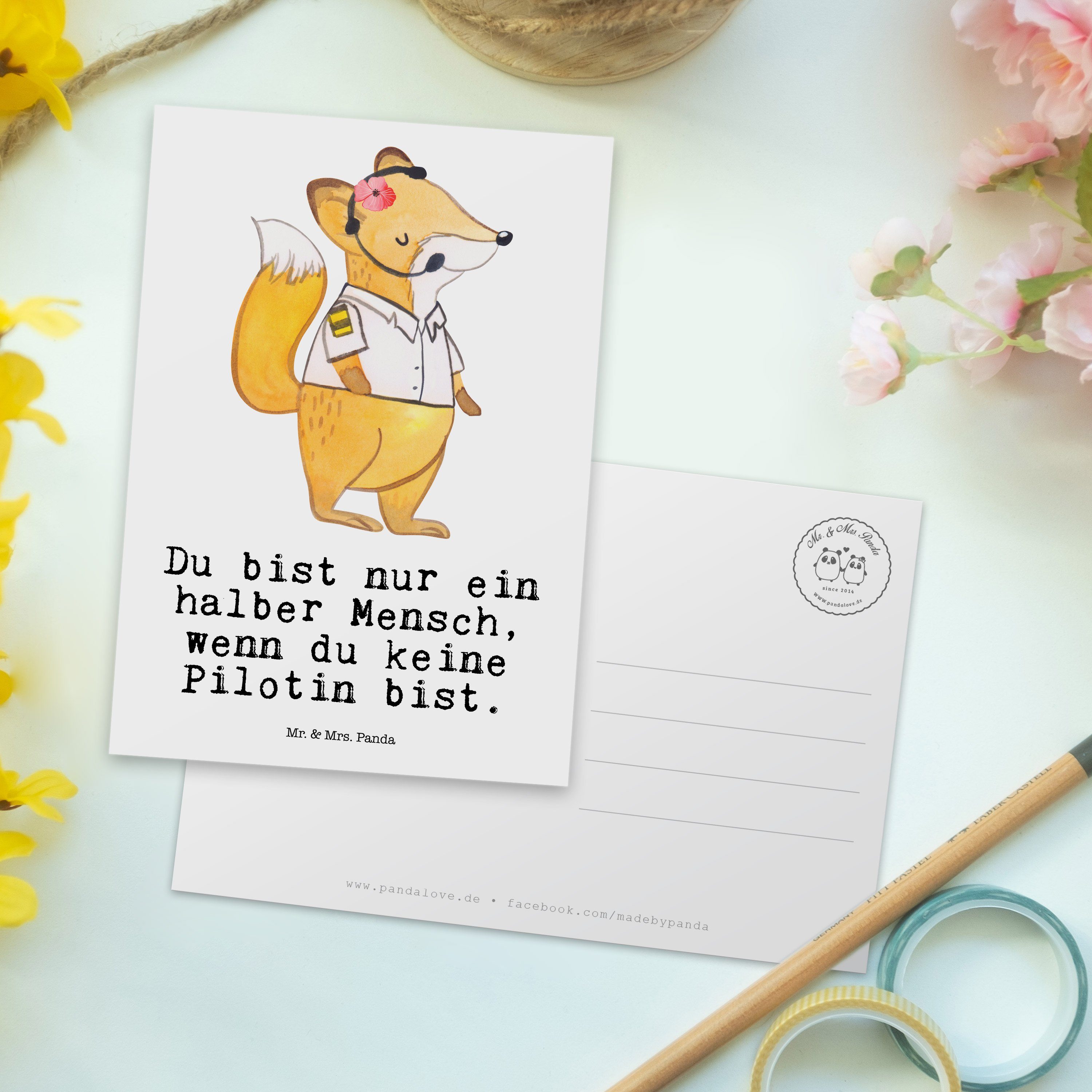 Mrs. Postkarte Grußkarte - Geschenk, Pilotin & - Mr. Herz Dankeskarte, Weiß Panda mit Einladung,