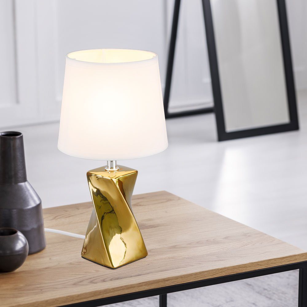 etc-shop LED Tischleuchte, Leuchtmittel inklusive, Warmweiß, Schreib Tisch Lampe Keramik Lese Ess Zimmer Leuchte Textil gold-weiß