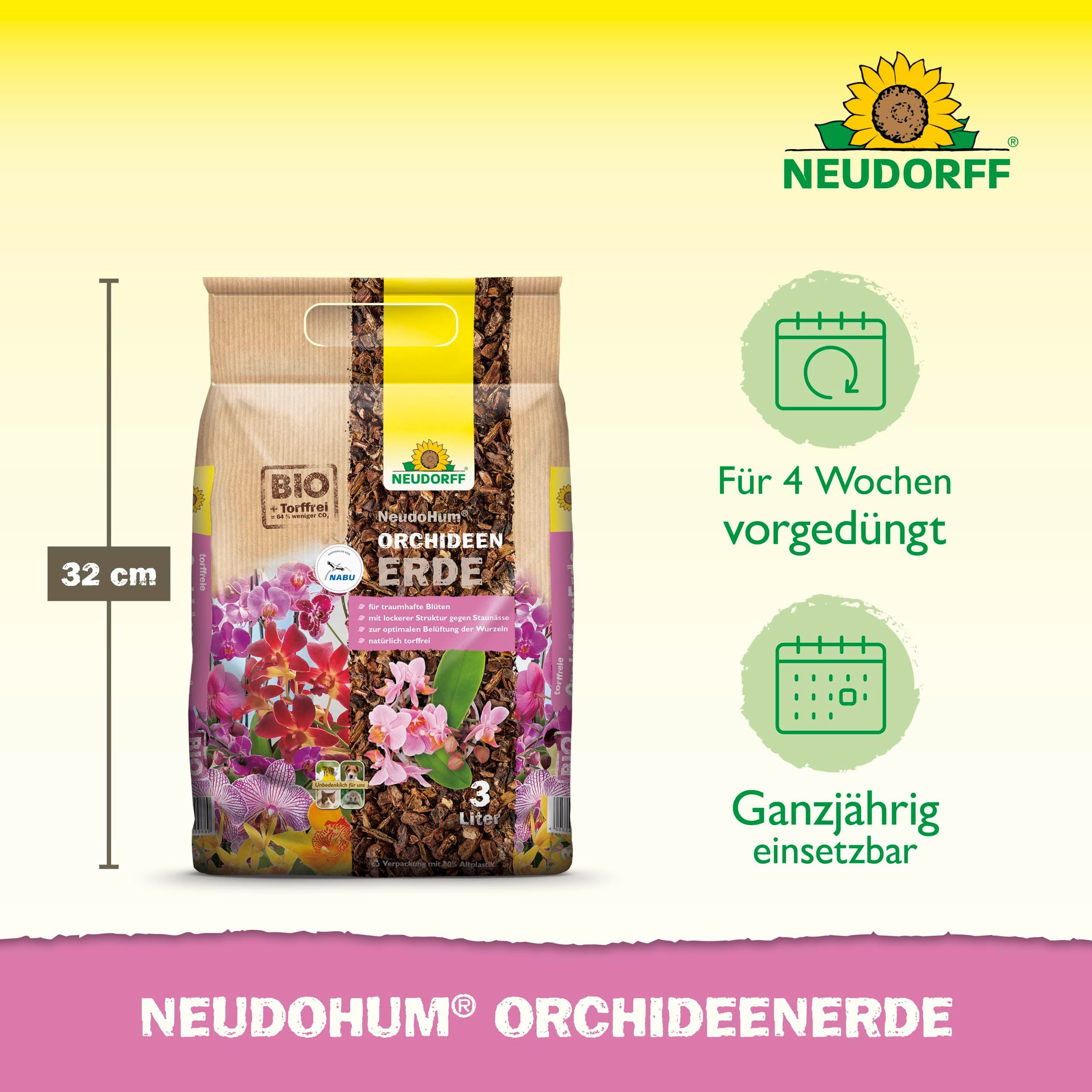 Neudorff Spezialerde NeudoHum OrchideenErde 3 Liter, mit Organischer Dünger, (Erde für Orchideen sorgt für traumhafte Blüten aller Orchideenarten, Orchideensubstrat für 4 Wochen vorgedüngt), Torffreies Orchideensubstrat mit Pinienrinde