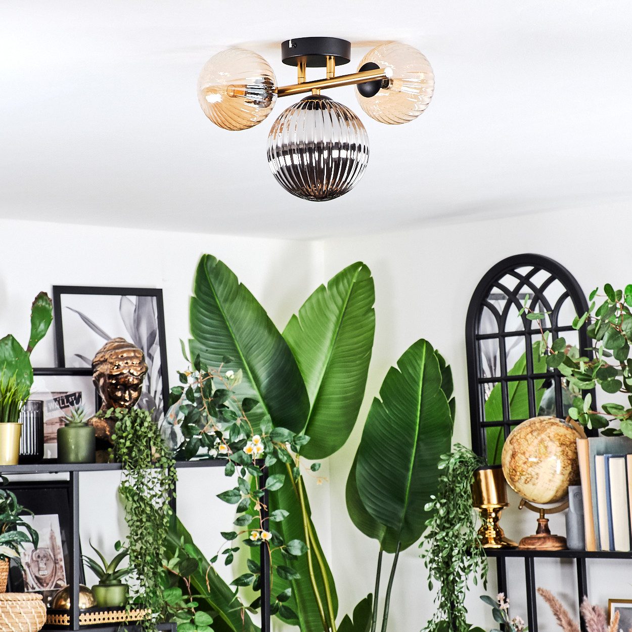 hofstein Deckenleuchte Deckenlampe aus Metall/Riffelglas in Schwarz/Gold/Rauch/Bernstein, ohne Leuchtmittel, Deckenleuchte im modernen Vintage-Design (Schirme Ø 12; 15 cm), 3 x G9