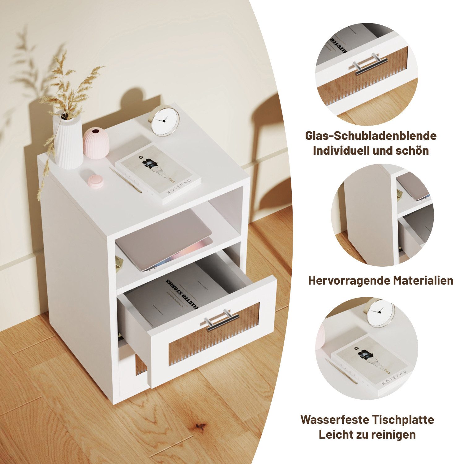 oyajia Nachttisch mit 2/3 Schubladen, Beistelltisch mit Ladestation und LED, Mit USB und Typ-C Anschlüsse, offenes Fach