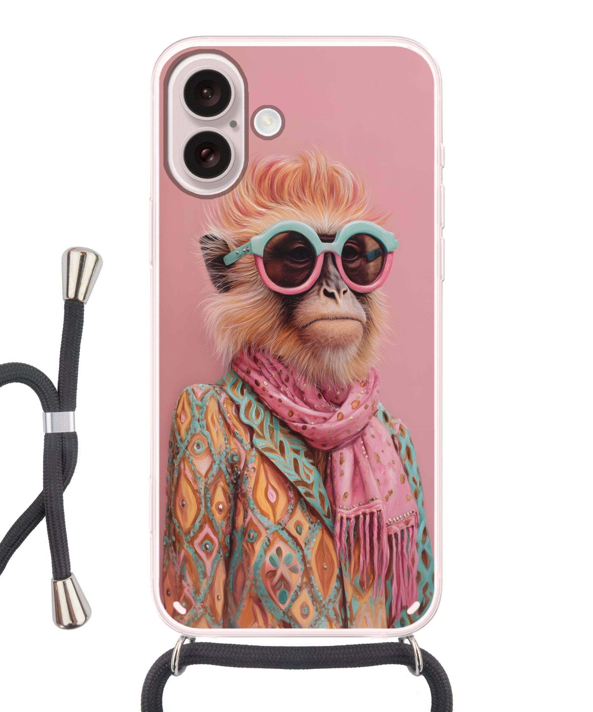 MuchoWow Handyhülle für Apple iPhone 16 Halstuch - Affe - Sonnenbrille - Jacke, Tragbare Handyhüllen mit Kette zum umhängen, Handykette Handyband