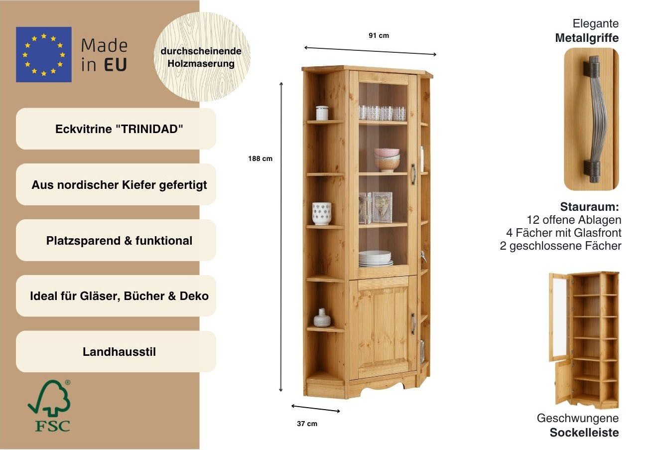 OTTO home Eckvitrine Trinidad Höhe 188 cm, FSC® zertifiziertes Massivholz