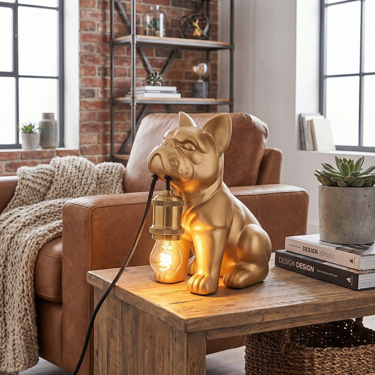 hofstein Tischleuchte Tischlampe Hund aus Keramik/Metall in Gold-/Kupferfarben, Tischleuchte im Vintage-Design, Schalter am Kabel, Höhe 24 cm, E27