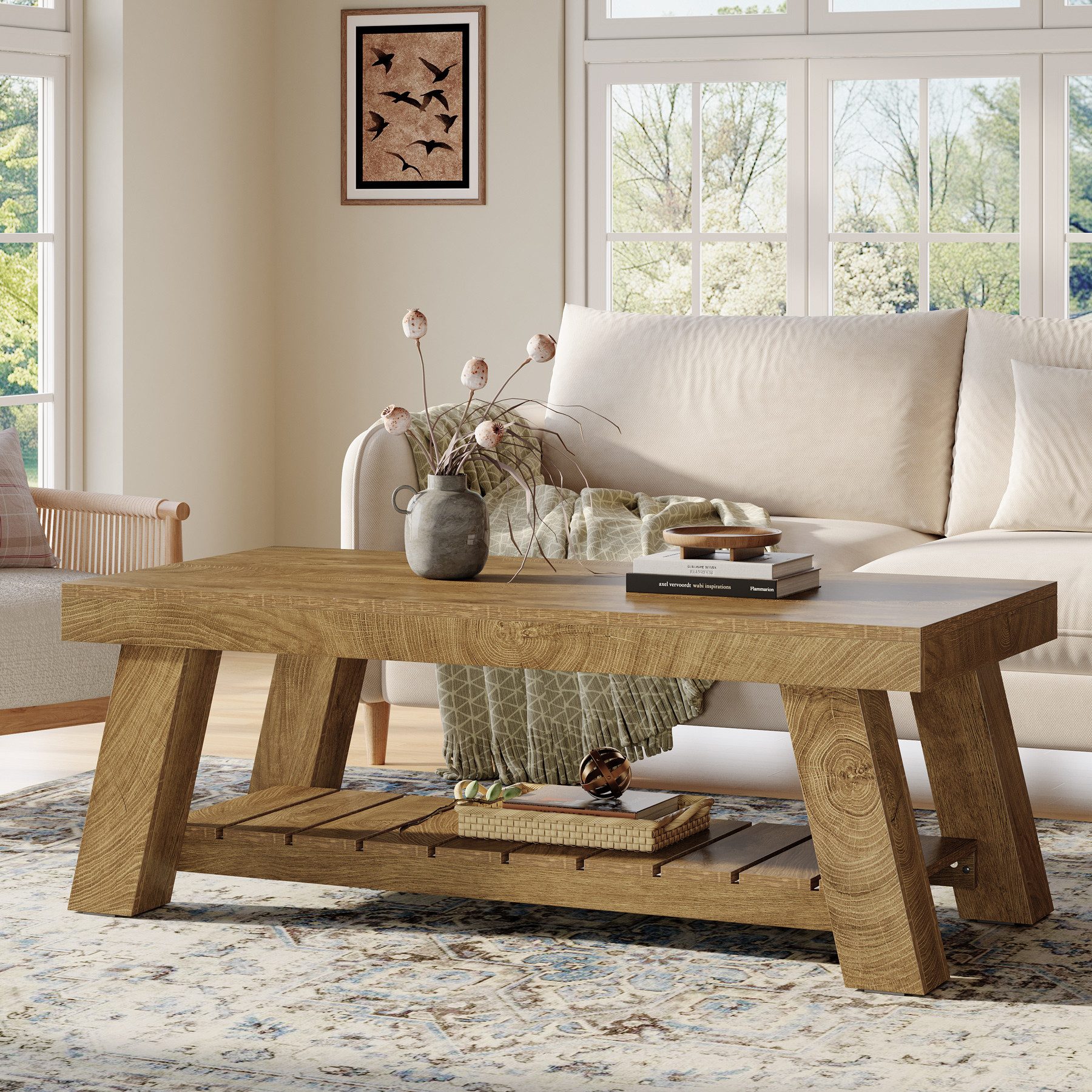 Tribesigns Couchtisch 120 cm Rechteckiger Wohnzimmertisch, Landhaus-Couchtisch mit Stauraum