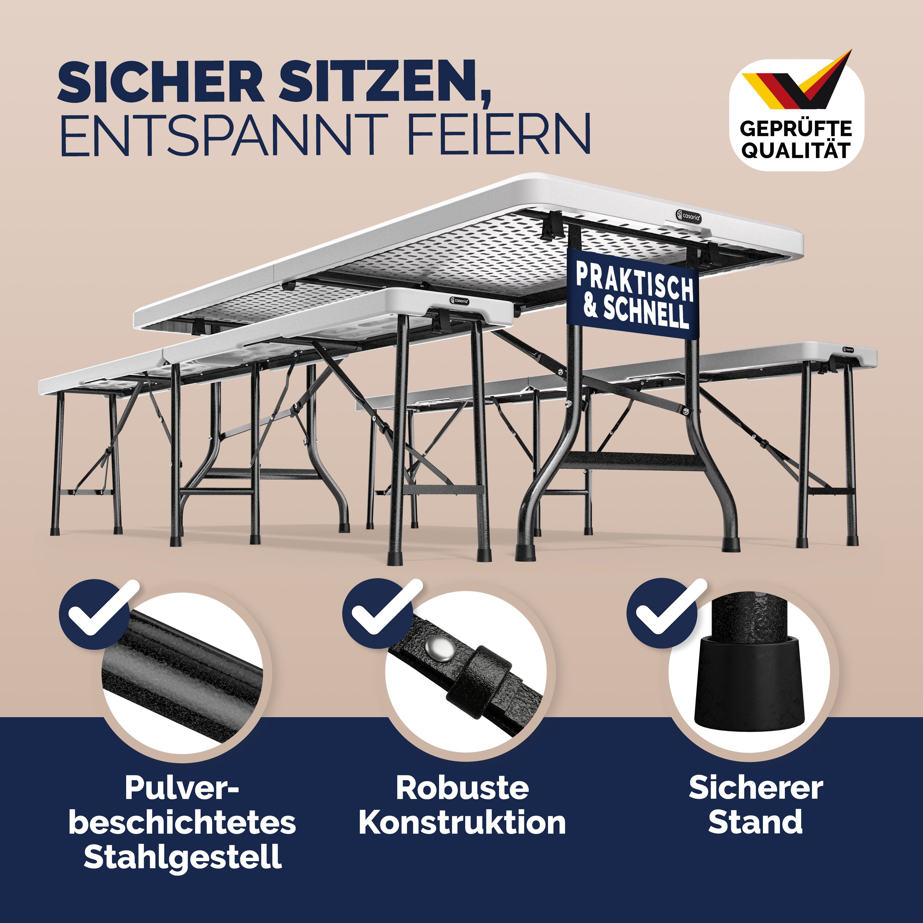 Casaria Bierzeltgarnitur, (3-tlg), 180 cm Klappbar Kunststoff 2x Bierbank 1x Breiter Tisch Holz