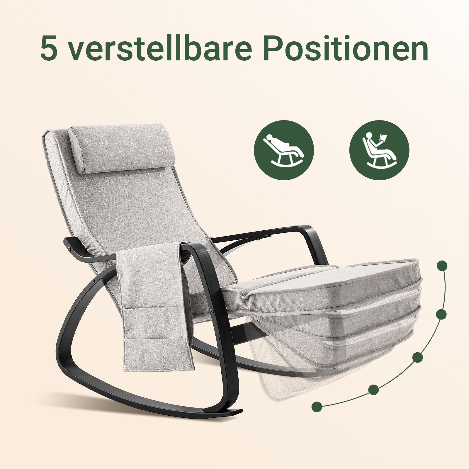 SoBuy Schaukelstuhl FST20, Gepolsterter Schaukelsessel für Wohnzimmer & Schlafzimmer, Schwingsessel Relaxsessel mit Tasche 5-Fach verstellbares Fussteil